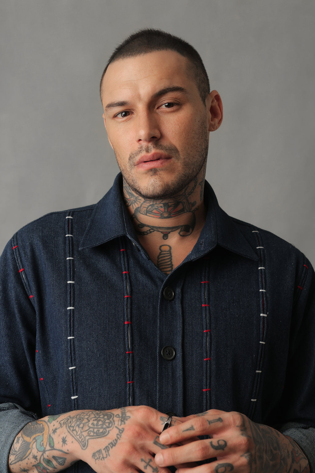 REIGN DARK BLUE DENIM THREADED SHACKET