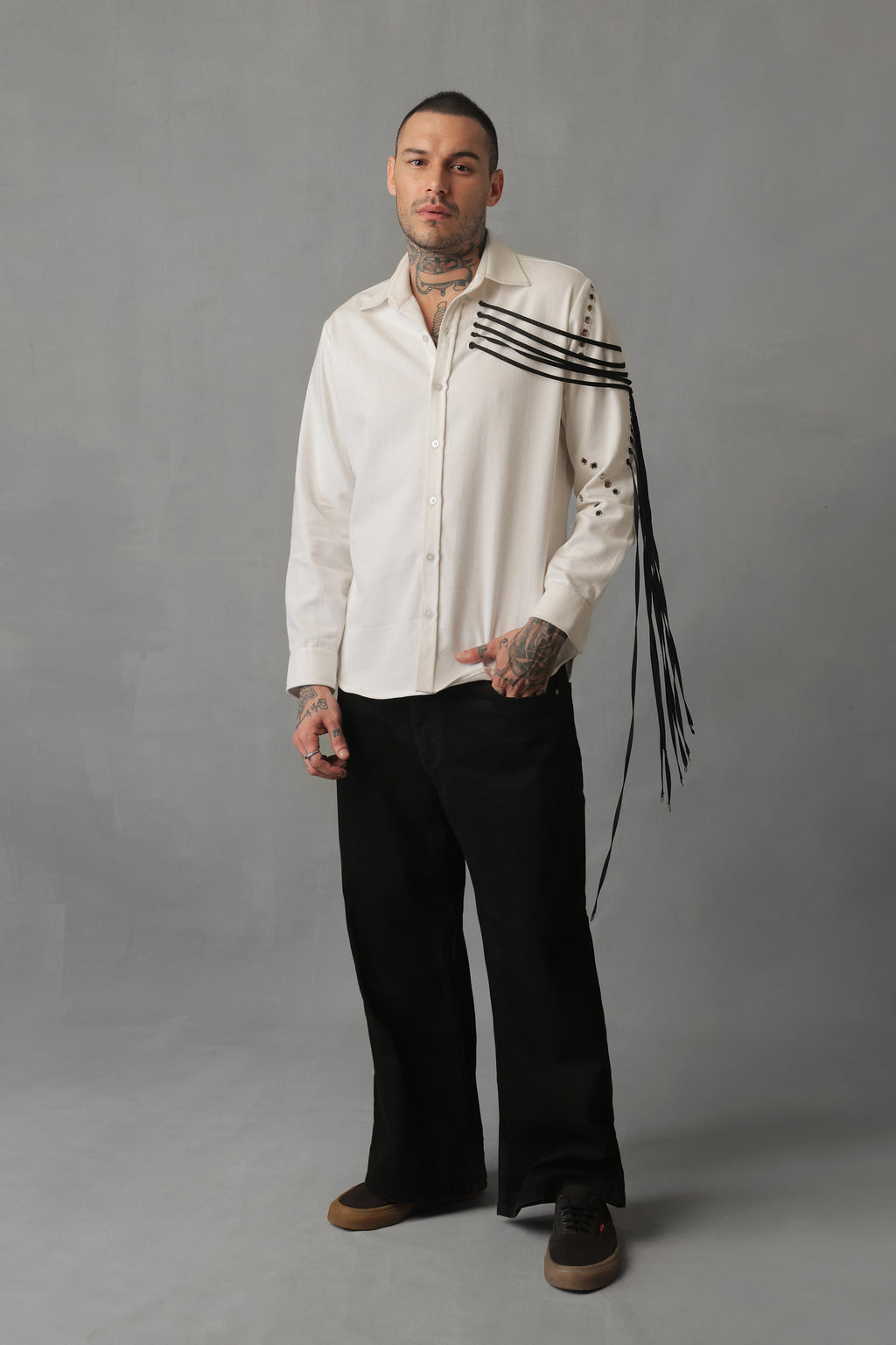 VERGE WHITE DENIM RIVITED TASSEL SHIRT SHACKET