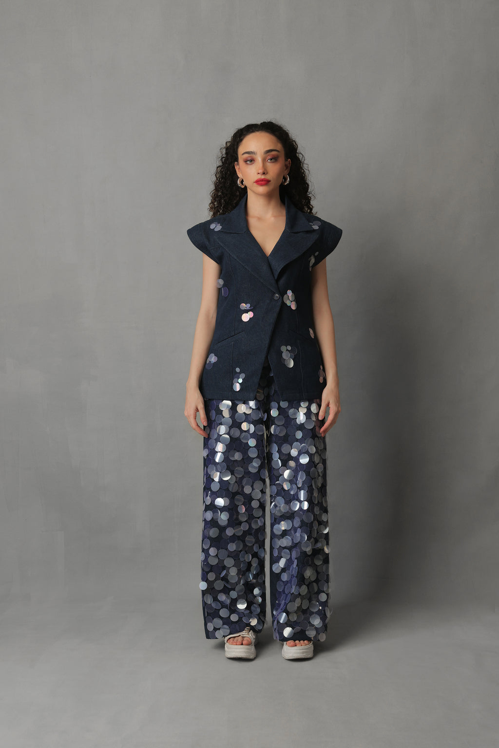 SEREIN DARK BLUE DENIM VEST SEQUIN CO ORD SET