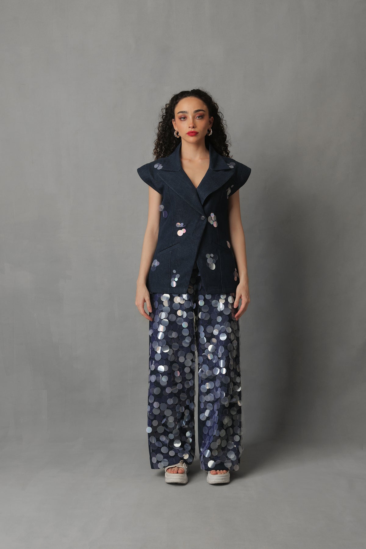 SEREIN DARK BLUE DENIM VEST SEQUIN CO ORD SET