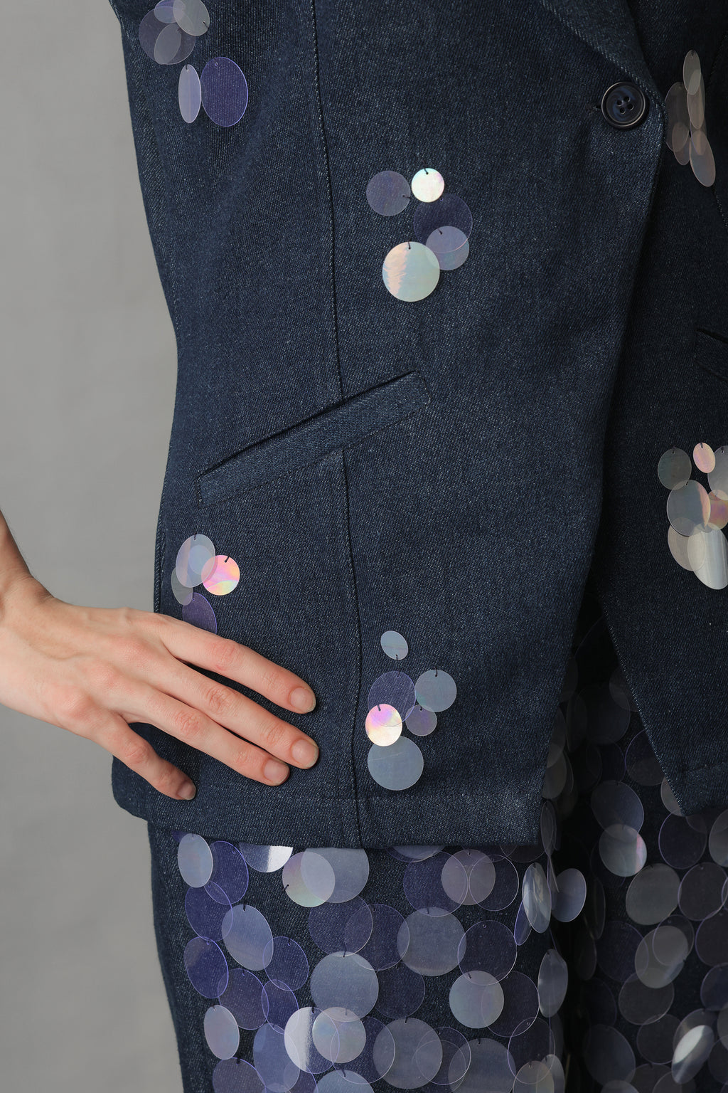 SEREIN DARK BLUE DENIM VEST SEQUIN CO ORD SET