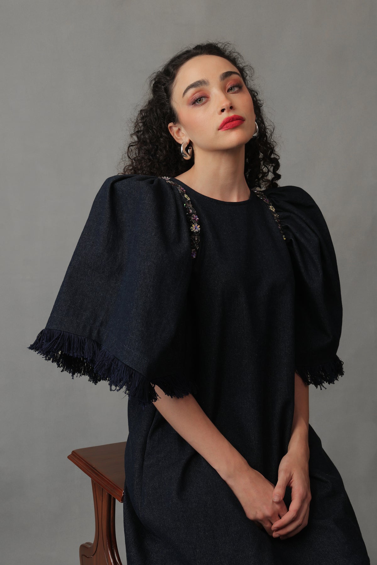 RIFT DARK BLUE DENIM PUFF SLEEVE DRESS