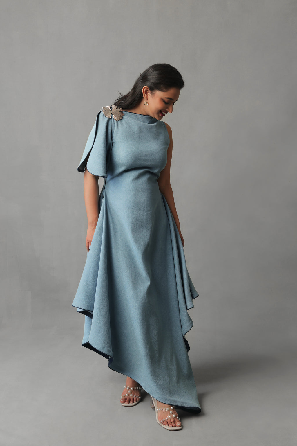 VYRE LIGHT BLUE DENIM ASYMMETRIC DRAPE DRESS