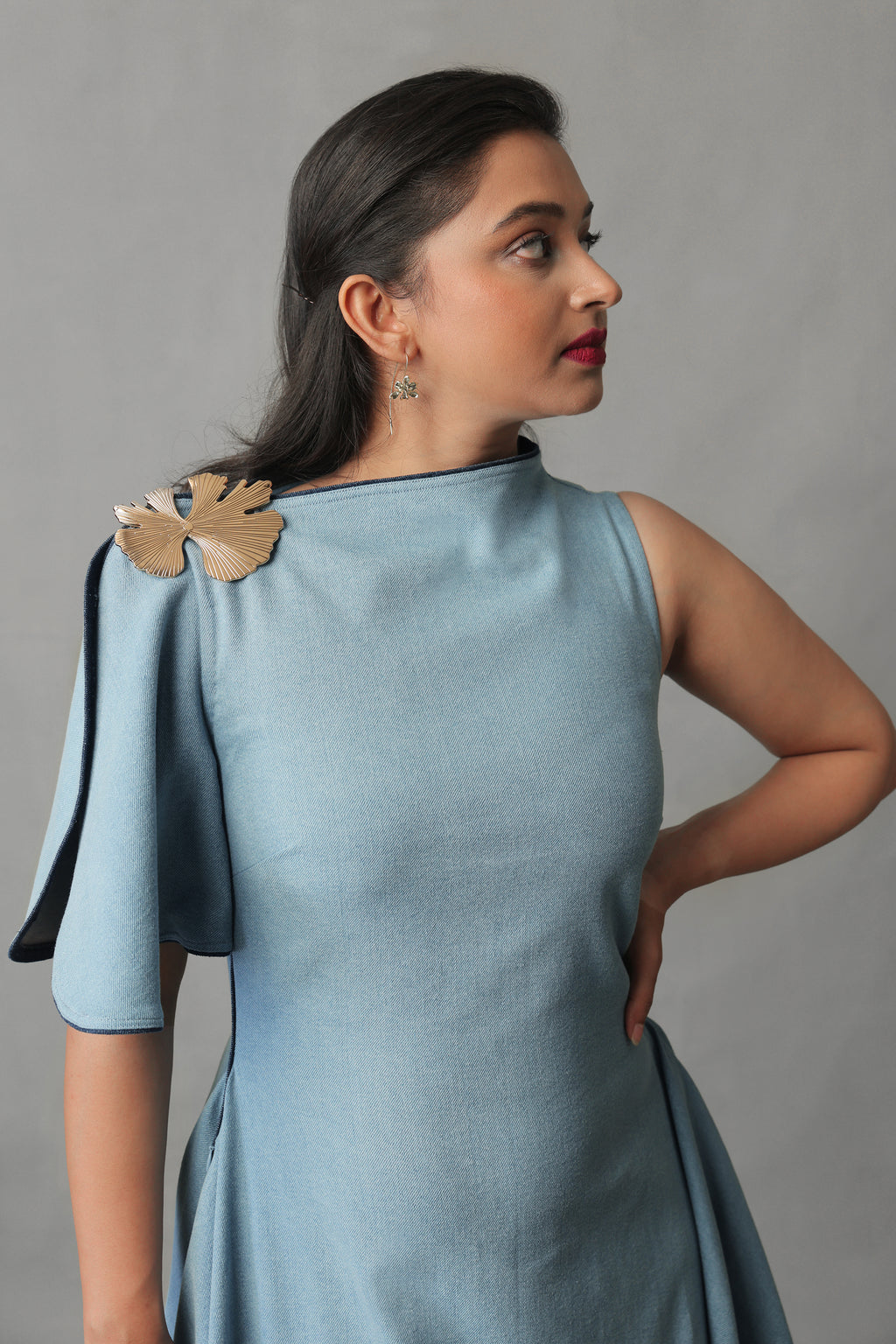 VYRE LIGHT BLUE DENIM ASYMMETRIC DRAPE DRESS