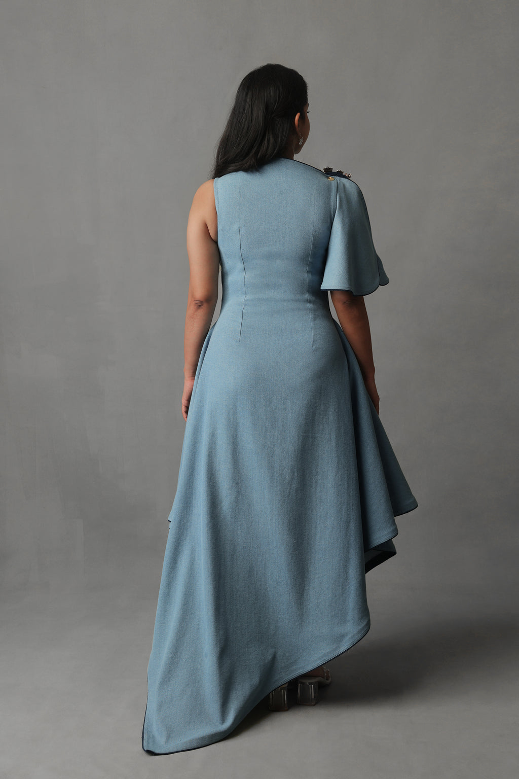 VYRE LIGHT BLUE DENIM ASYMMETRIC DRAPE DRESS