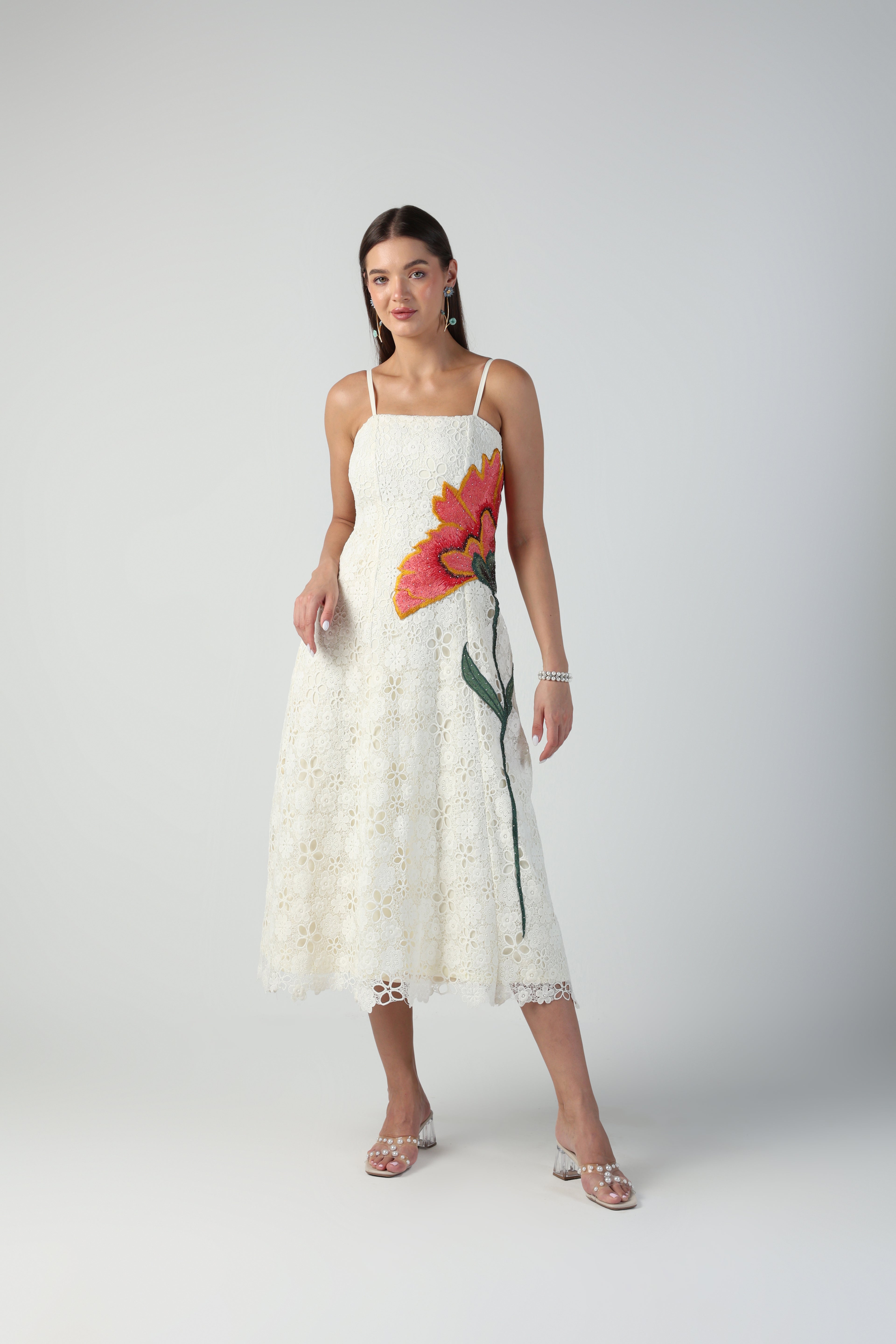 ELYSIA CUTWORK LACE WITH FLORAL APPLIQUE THREADWORK MIDI DRESS