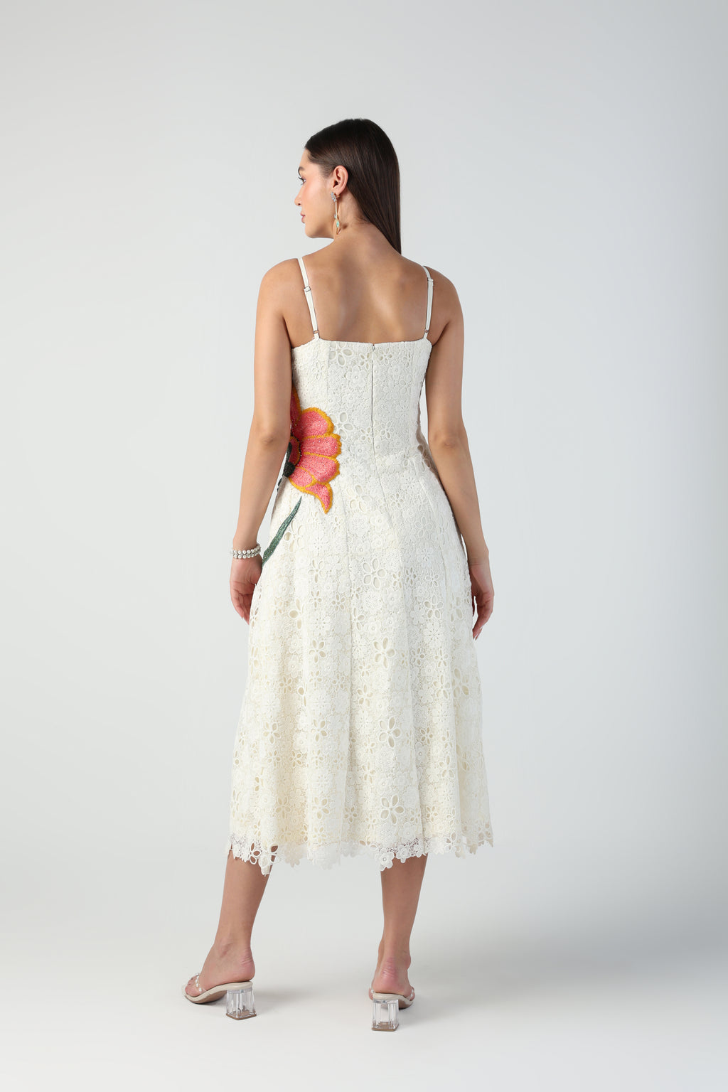 ELYSIA CUTWORK LACE WITH FLORAL APPLIQUE THREADWORK MIDI DRESS