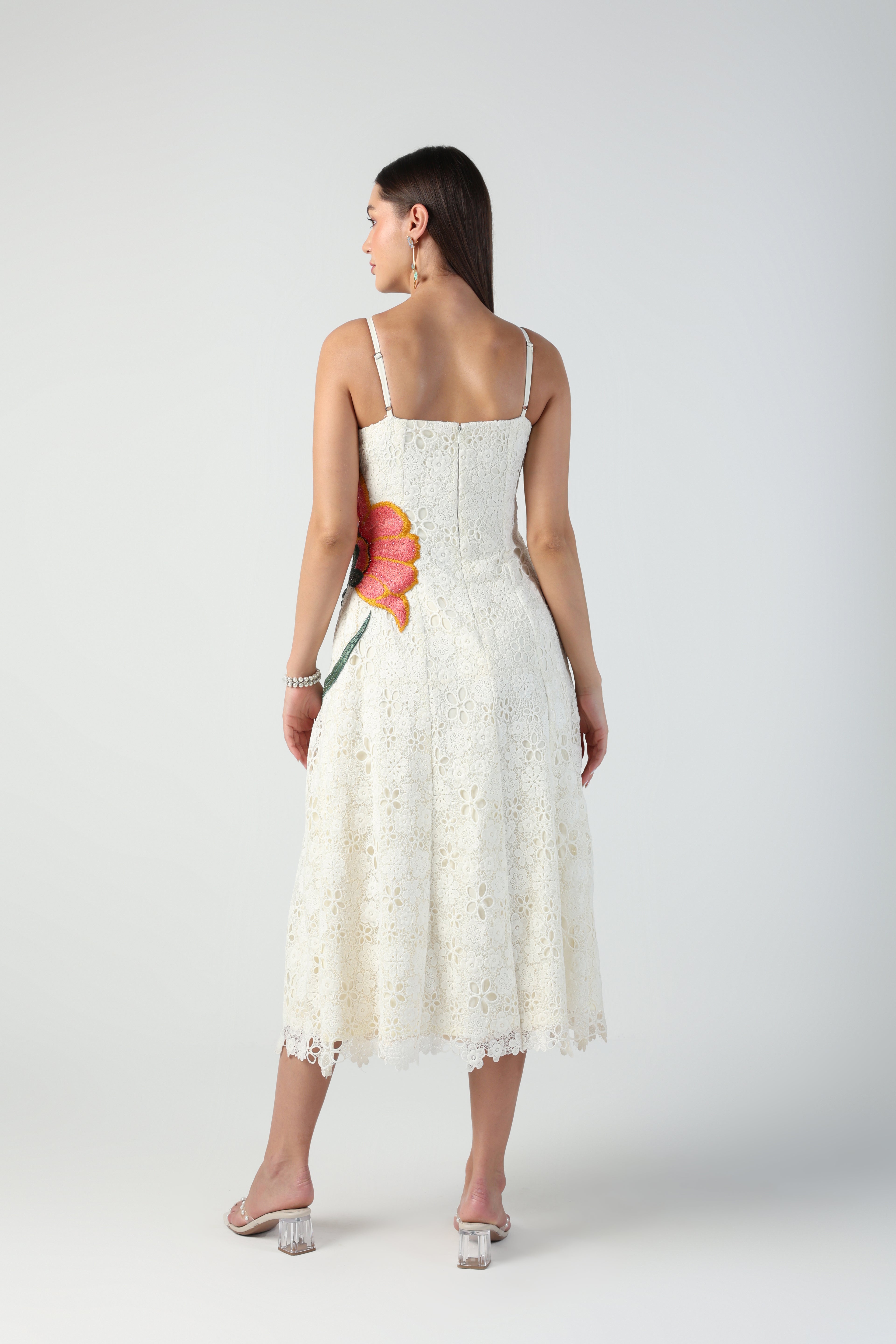 ELYSIA CUTWORK LACE WITH FLORAL APPLIQUE THREADWORK MIDI DRESS