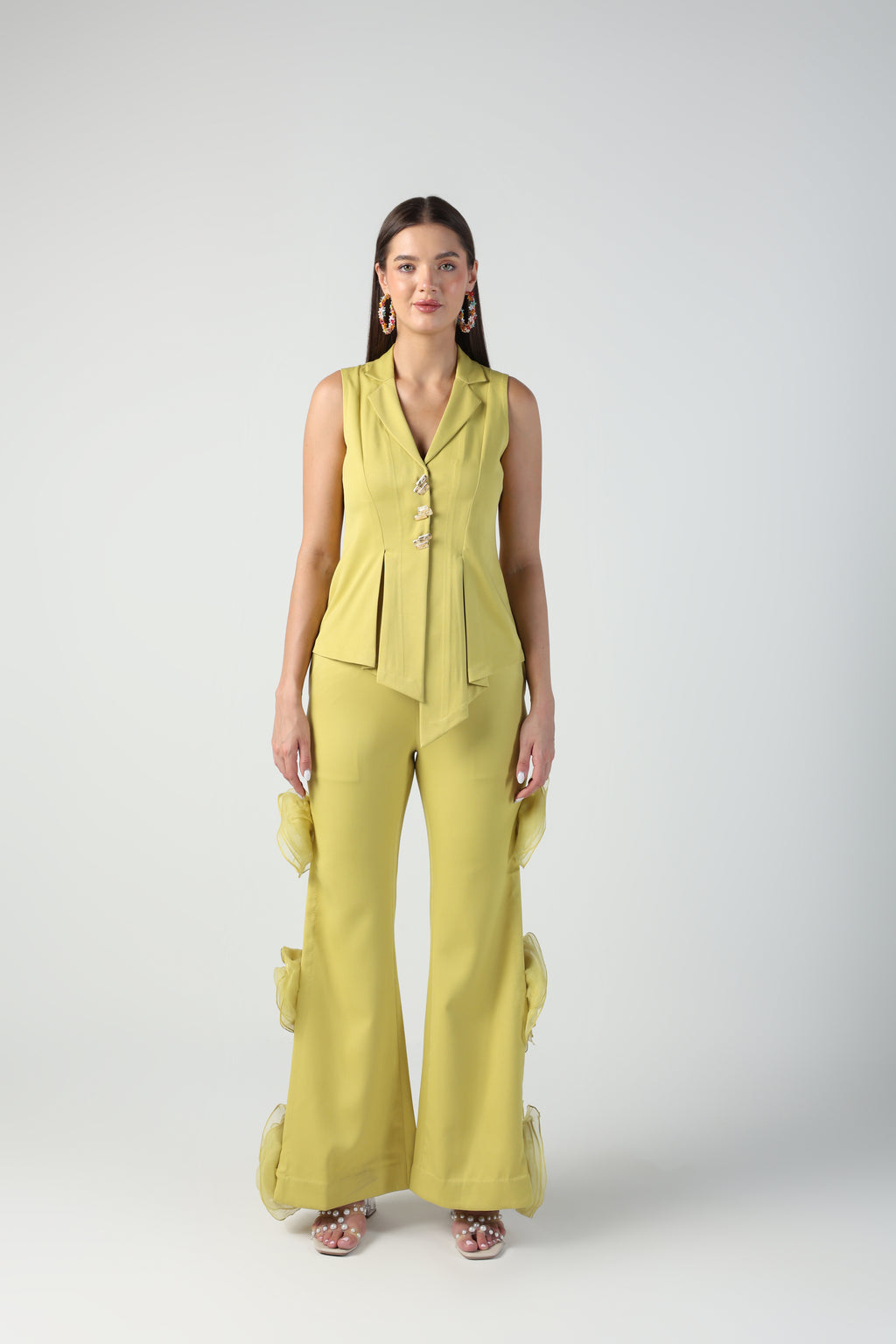 ELENA GREEN SLEEVELESS JACKET WITH ROSETTE PANT CO-ORD SET