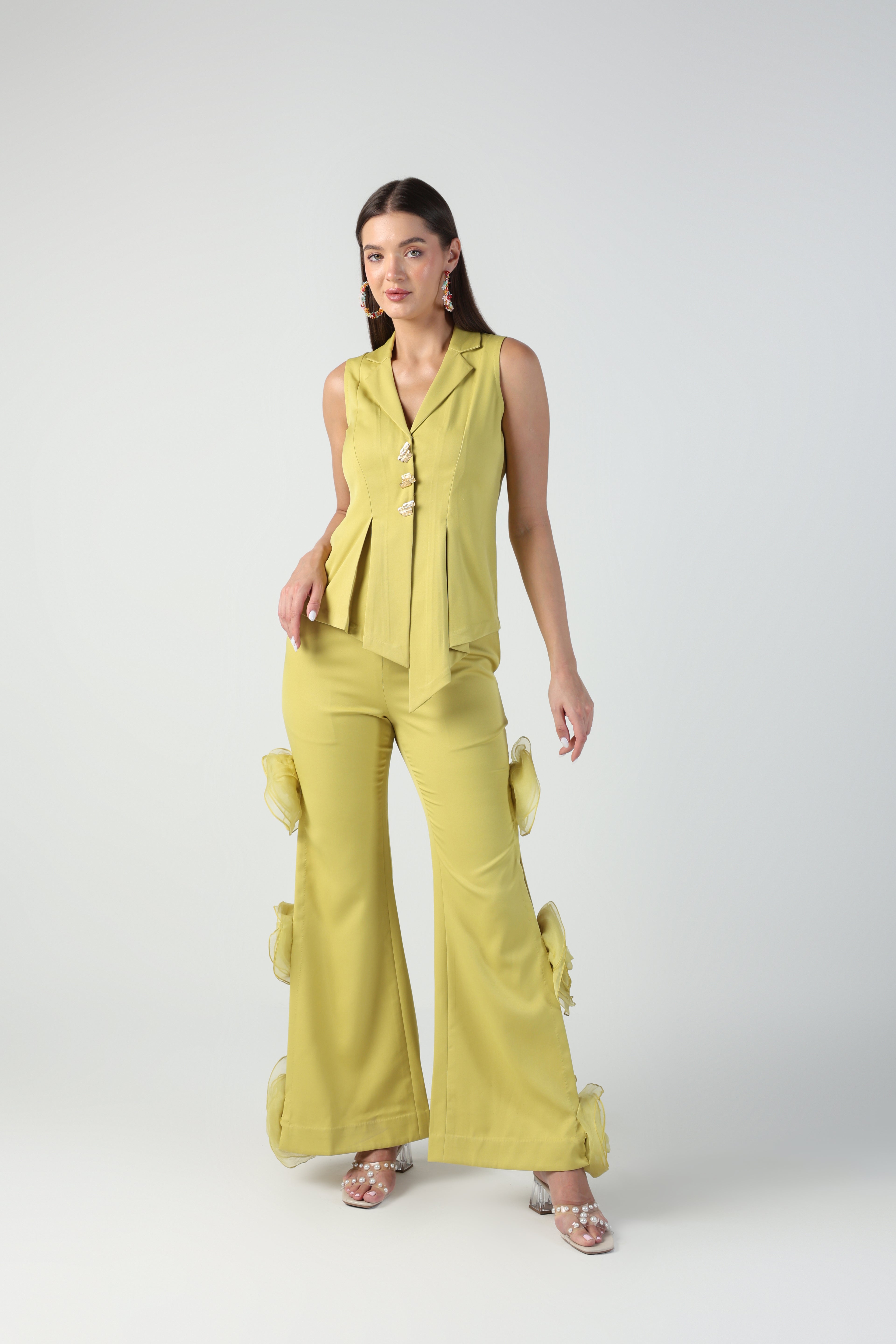 ELENA GREEN SLEEVELESS JACKET WITH ROSETTE PANT CO-ORD SET