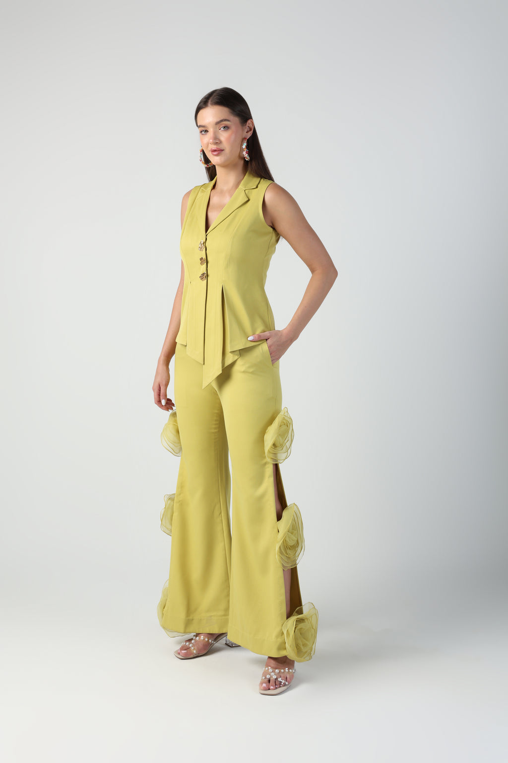 ELENA GREEN SLEEVELESS JACKET WITH ROSETTE PANT CO-ORD SET