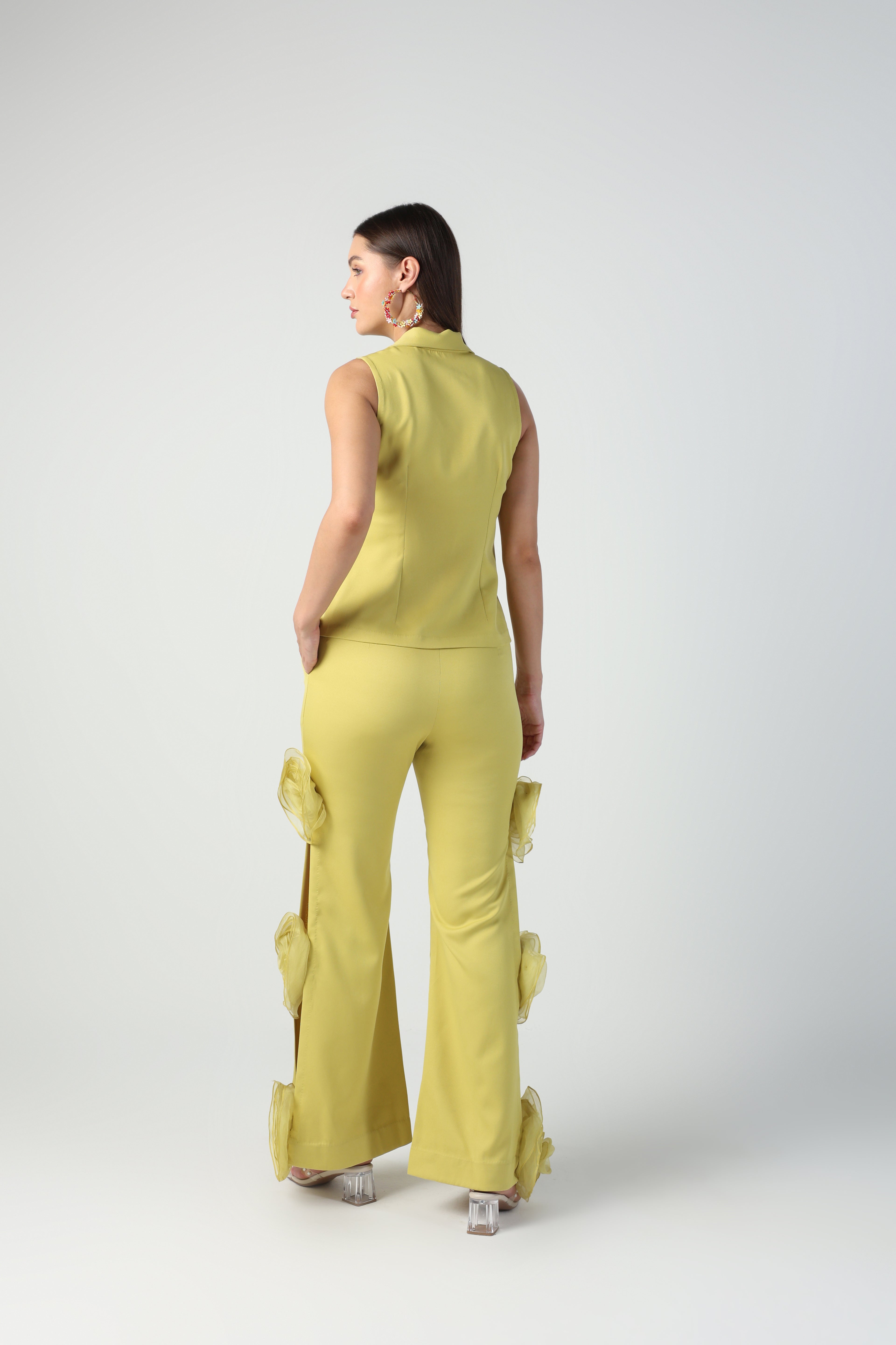 ELENA GREEN SLEEVELESS JACKET WITH ROSETTE PANT CO-ORD SET