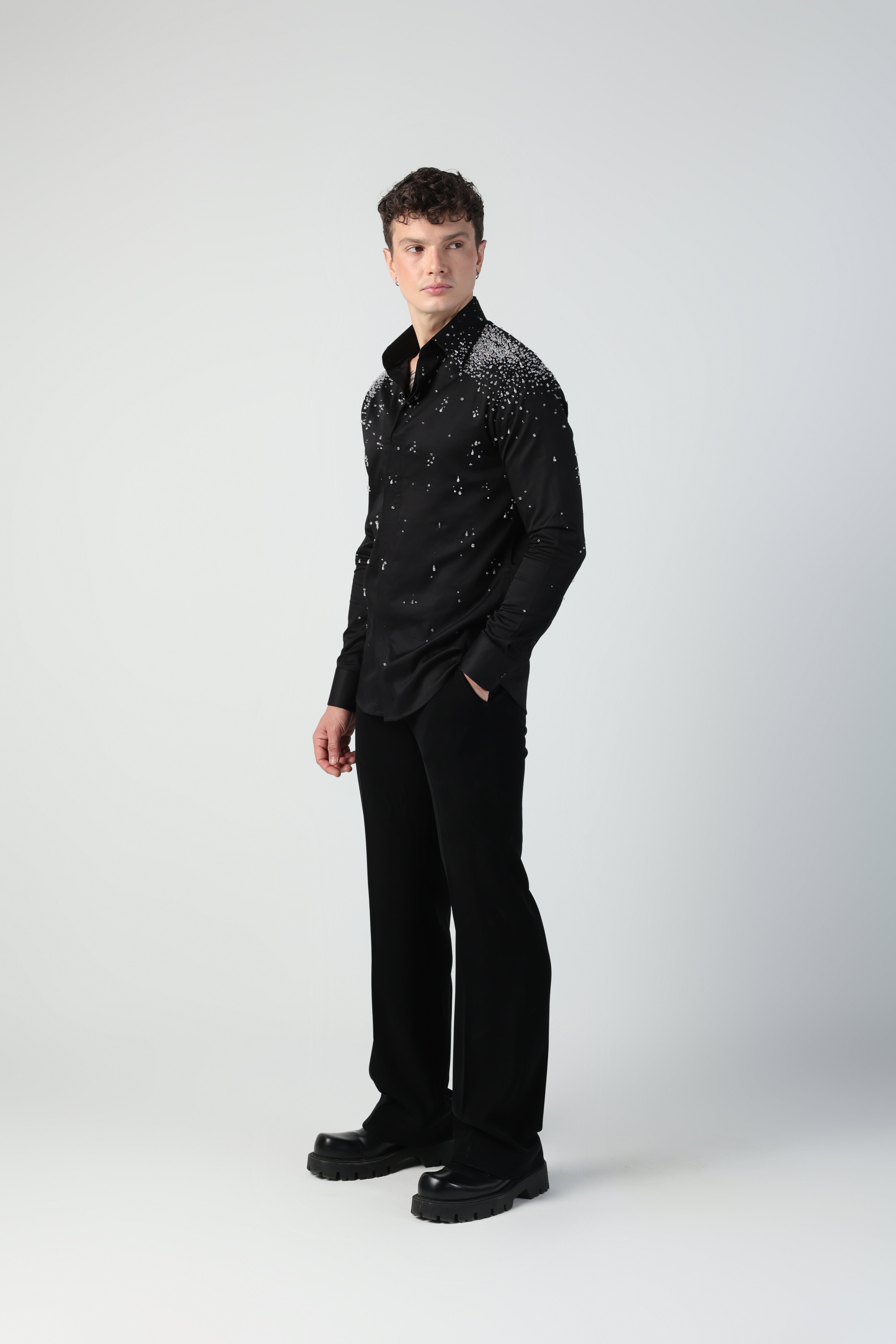 CARLO BLACK WATER DROPLETS HAND EMBROIDERED SHIRT