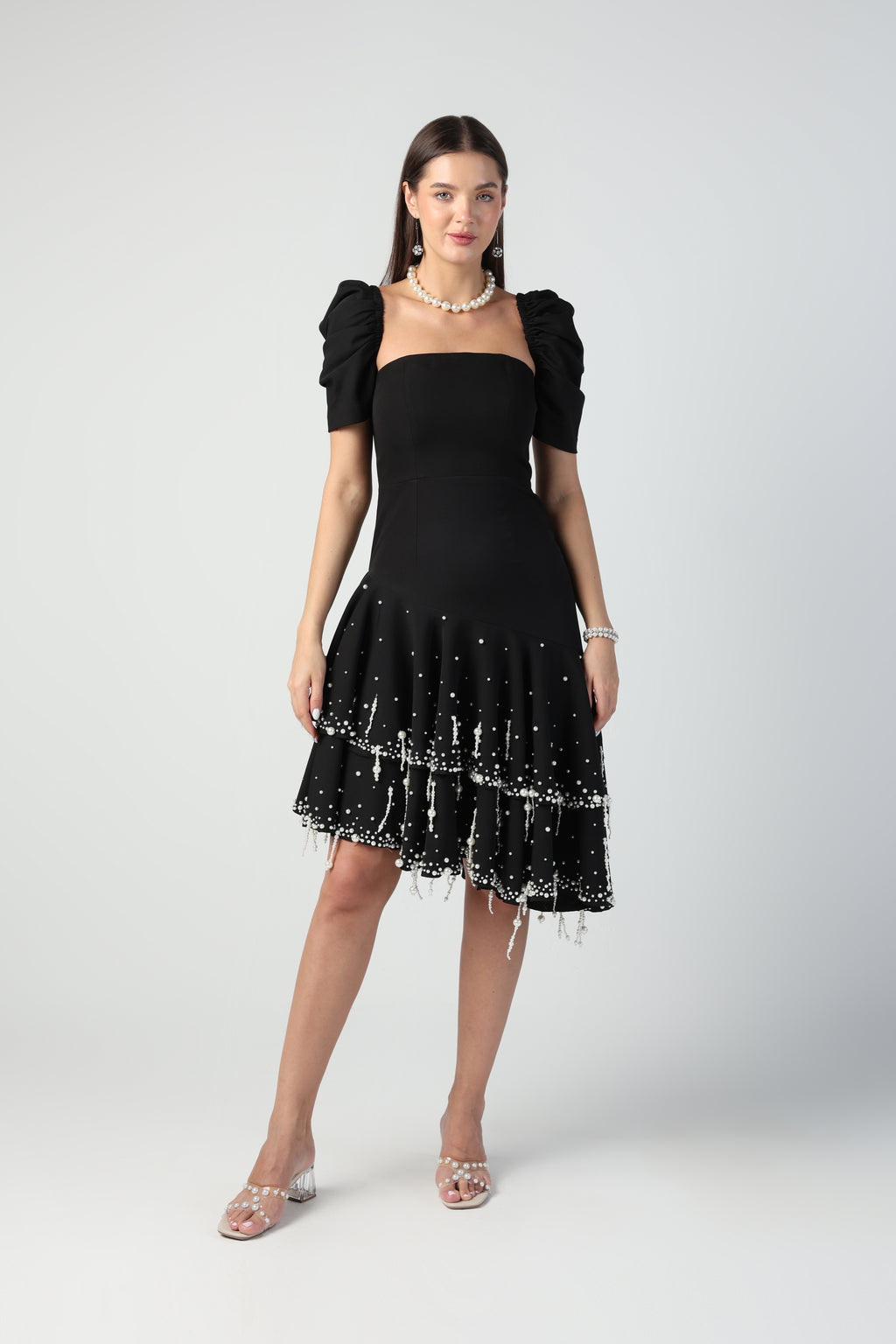 BEATRICE BLACK DETACHABLE SLEEVE STRAPLESS PEARL TASSEL DRESS