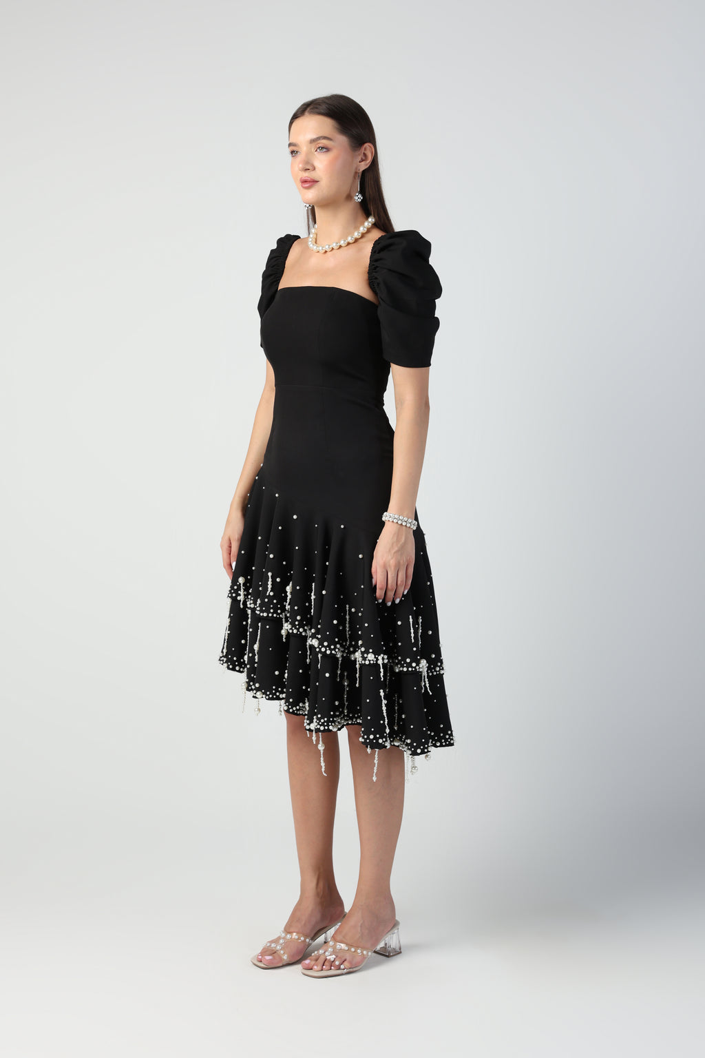 BEATRICE BLACK DETACHABLE SLEEVE STRAPLESS PEARL TASSEL DRESS