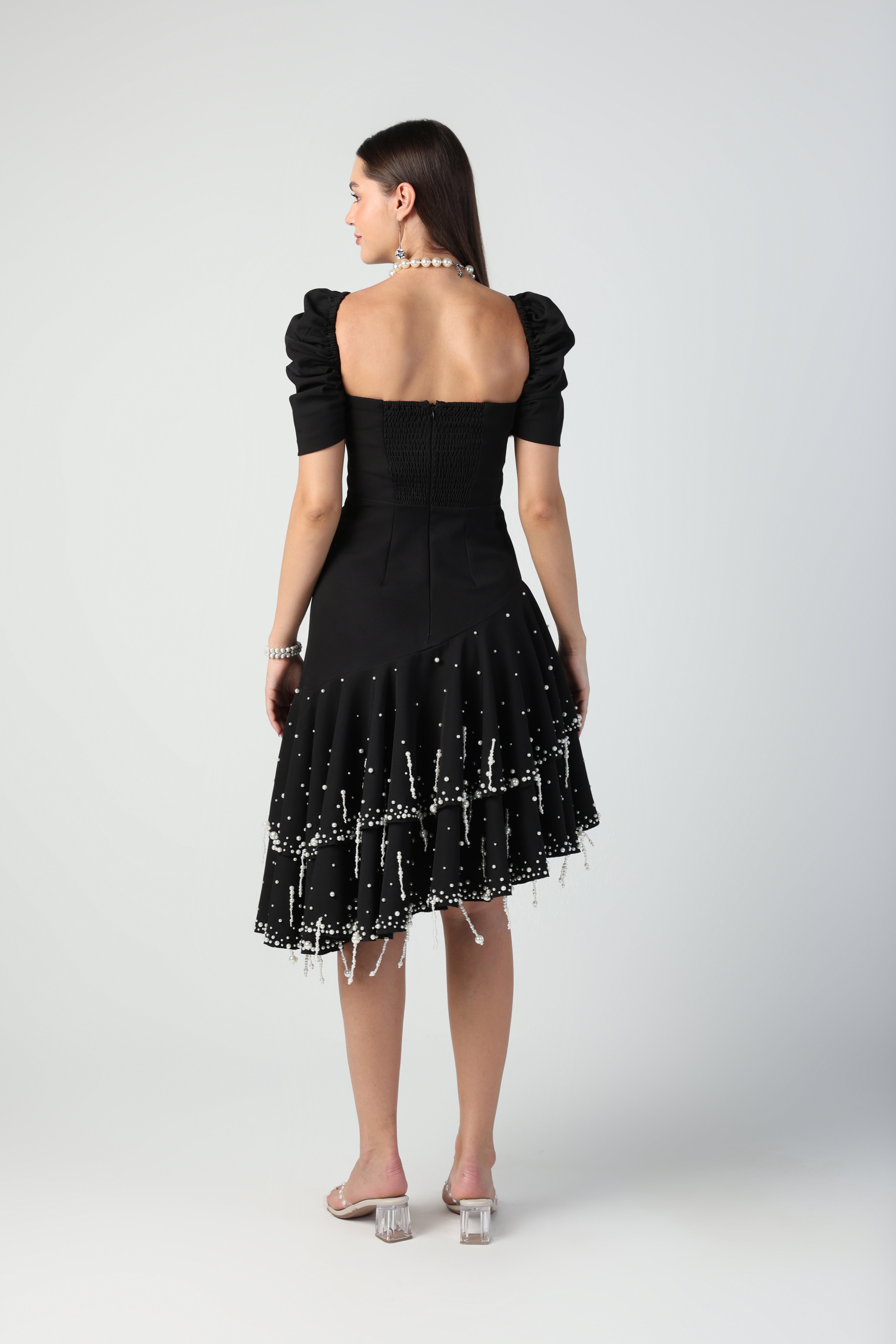 BEATRICE BLACK DETACHABLE SLEEVE STRAPLESS PEARL TASSEL DRESS