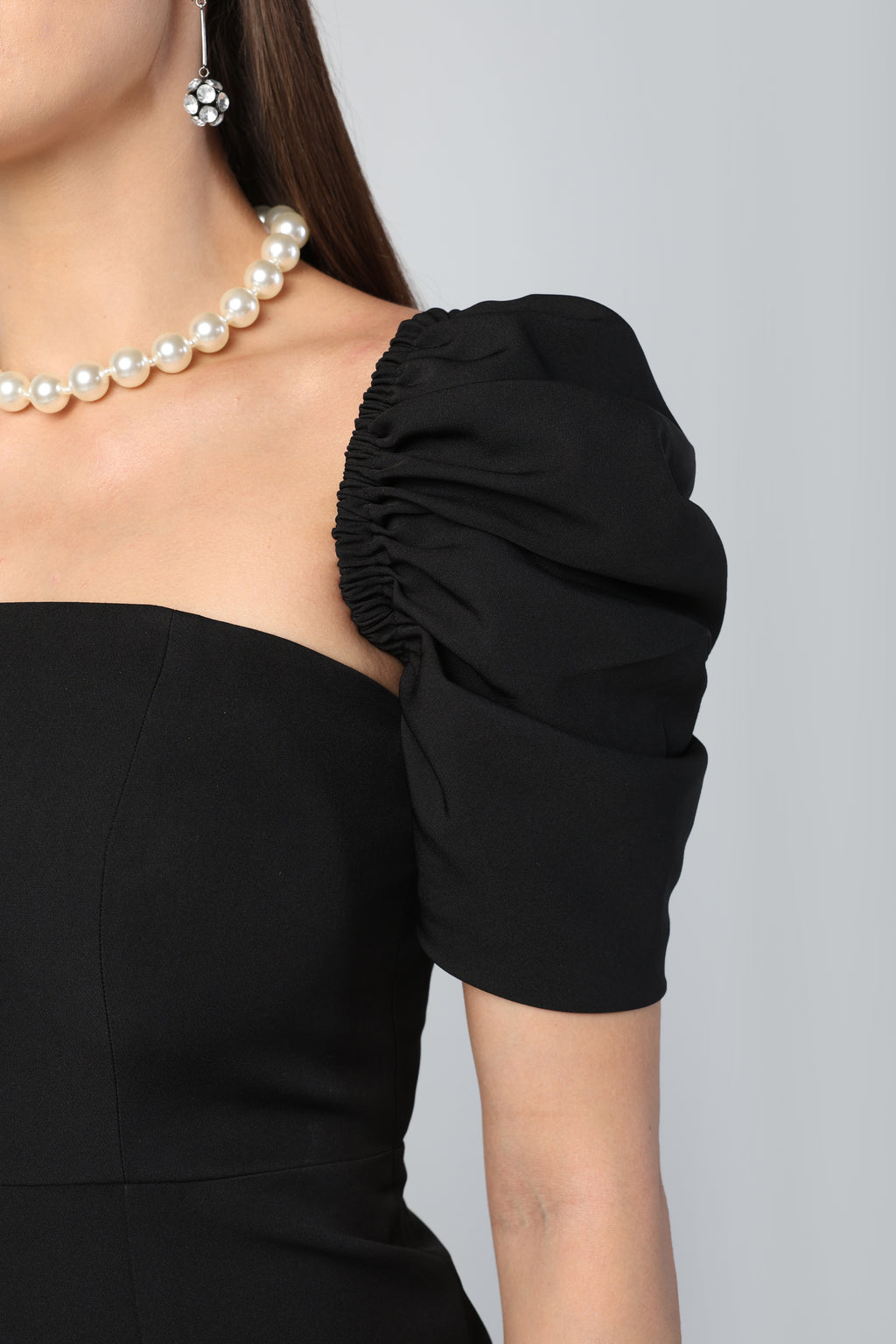 BEATRICE BLACK DETACHABLE SLEEVE STRAPLESS PEARL TASSEL DRESS