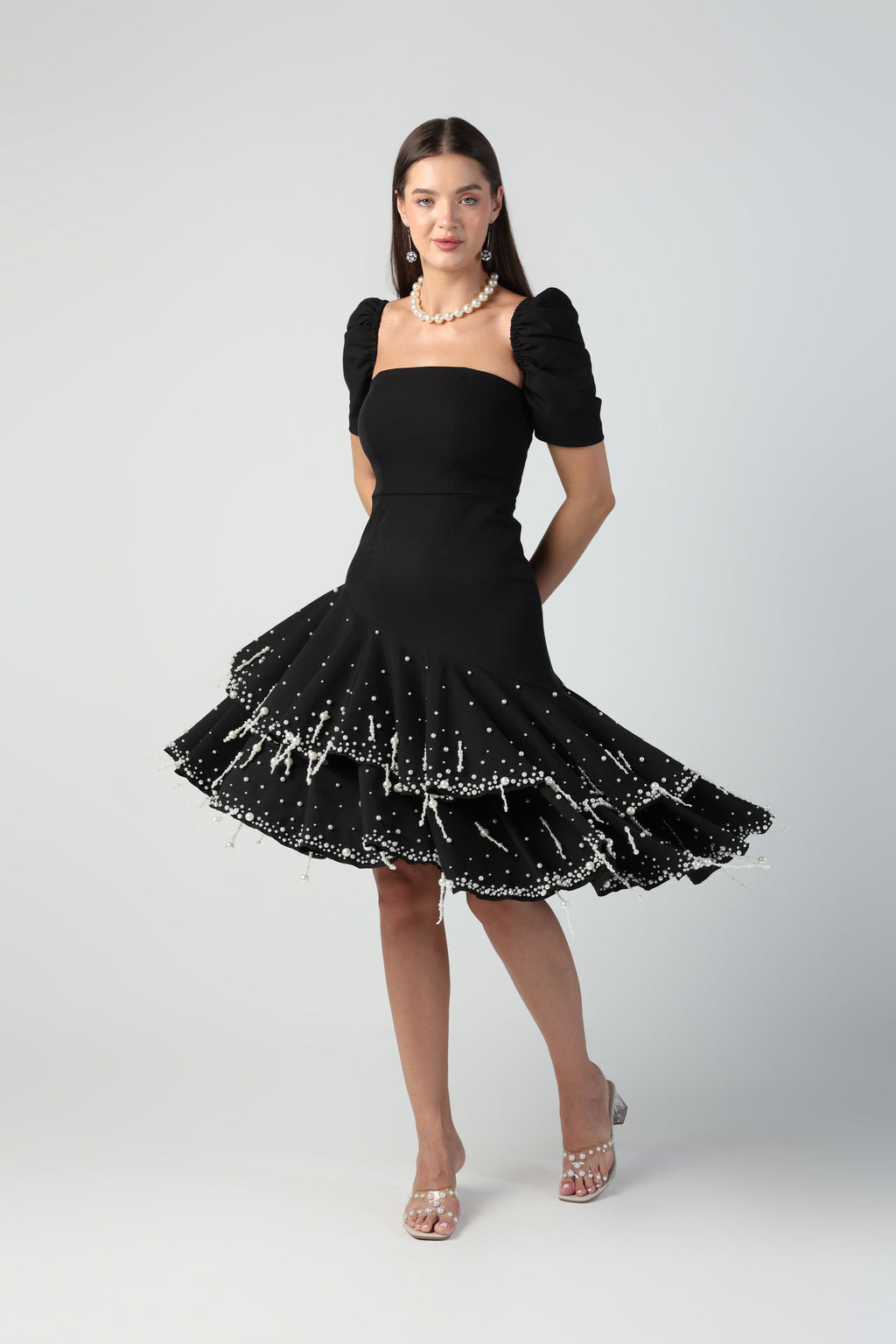 BEATRICE BLACK DETACHABLE SLEEVE STRAPLESS PEARL TASSEL DRESS