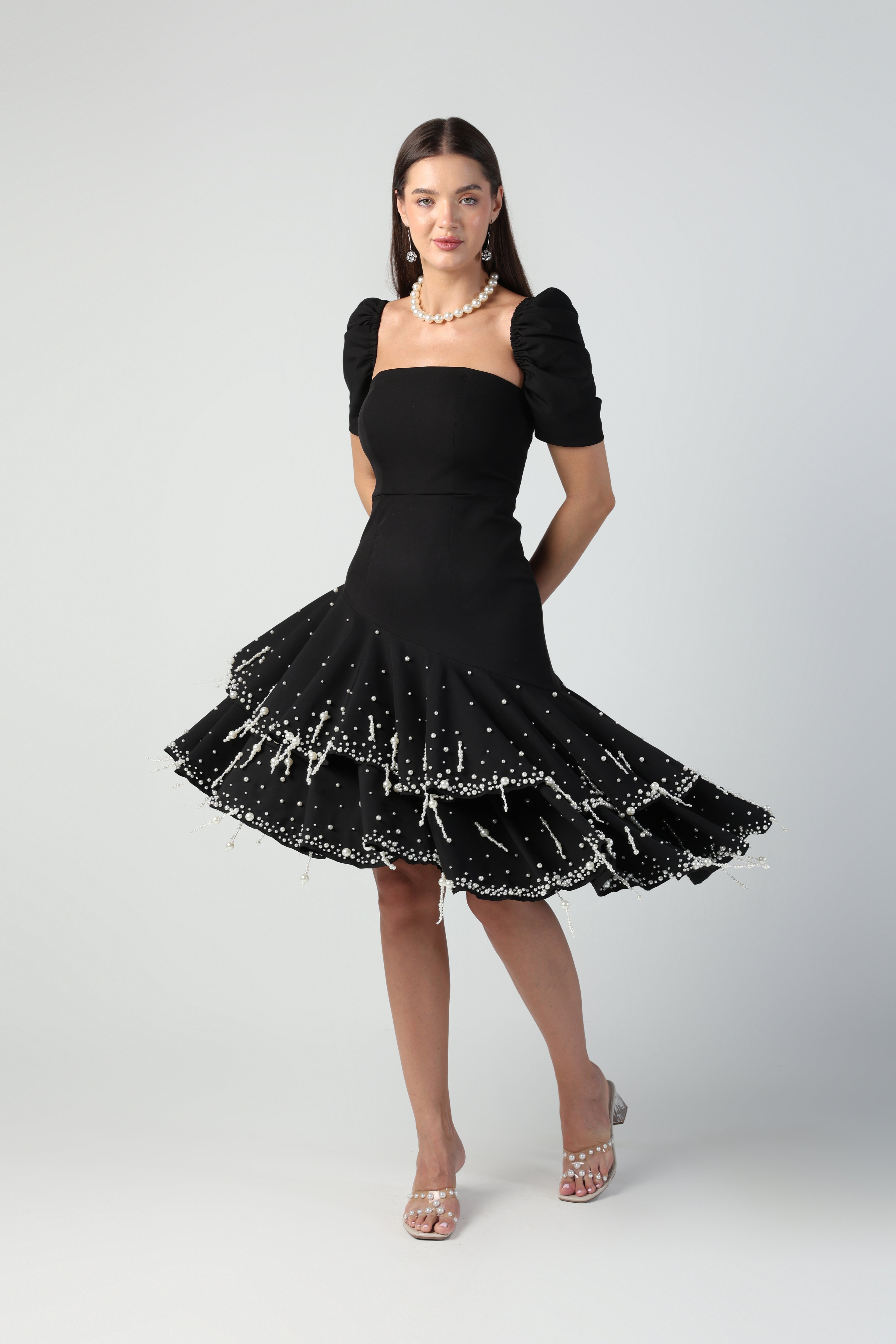 BEATRICE BLACK DETACHABLE SLEEVE STRAPLESS PEARL TASSEL DRESS