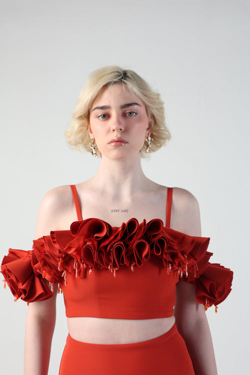 ANGELA 3D FLORAL RUFFLE TOP AND SKIRT CO-ORD SET