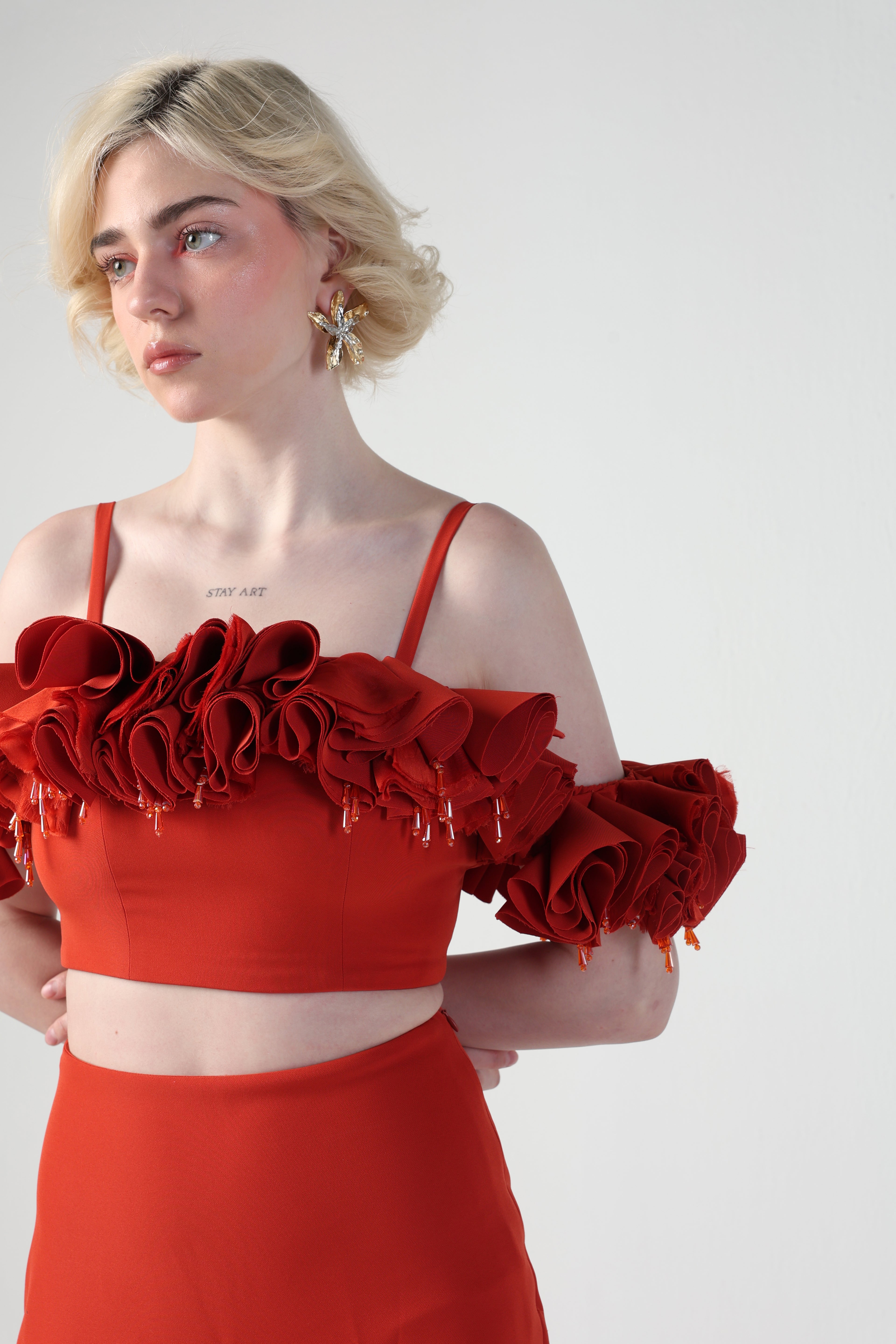 ANGELA 3D FLORAL RUFFLE TOP AND SKIRT CO-ORD SET