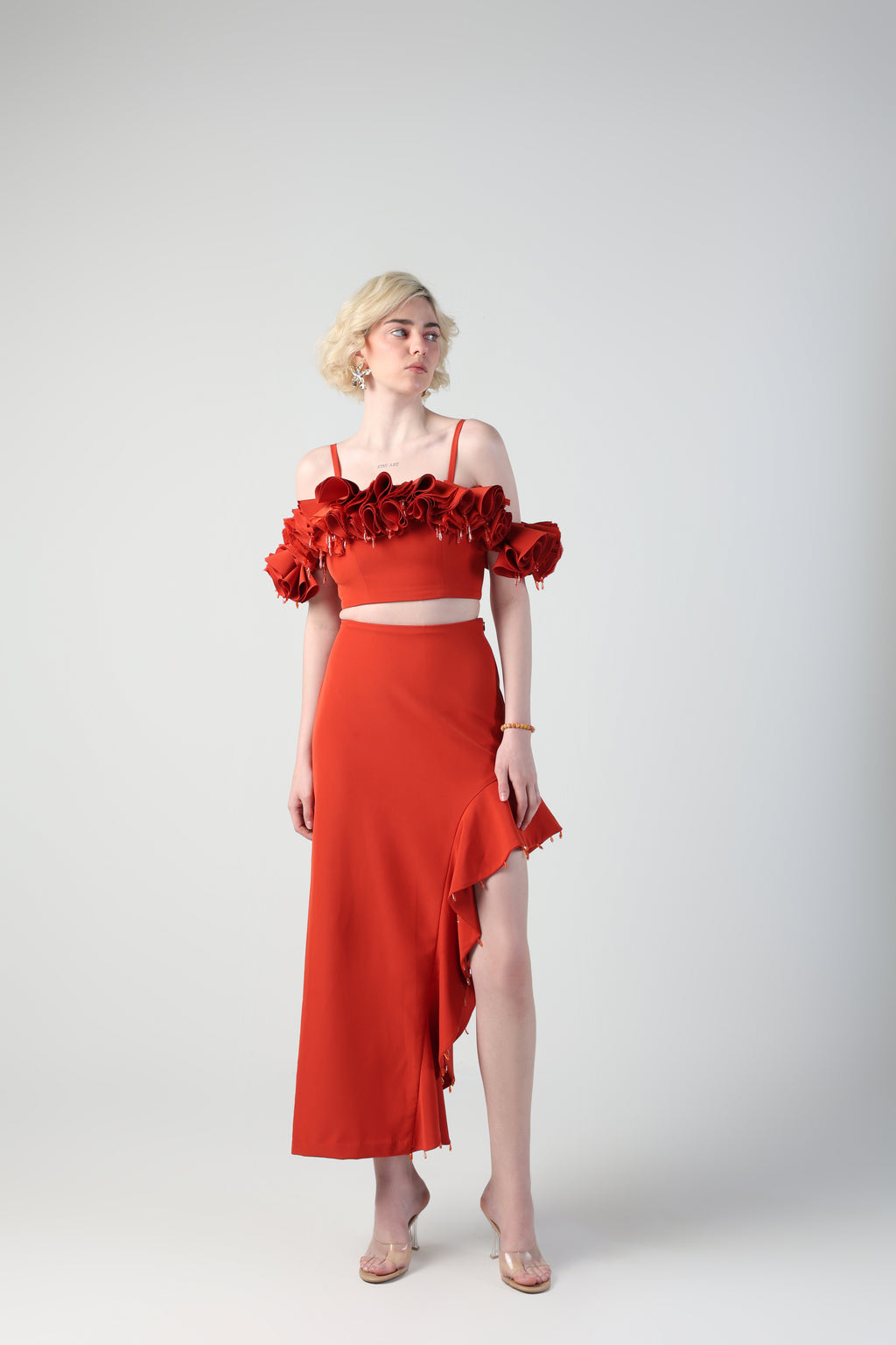 ANGELA 3D FLORAL RUFFLE TOP AND SKIRT CO-ORD SET