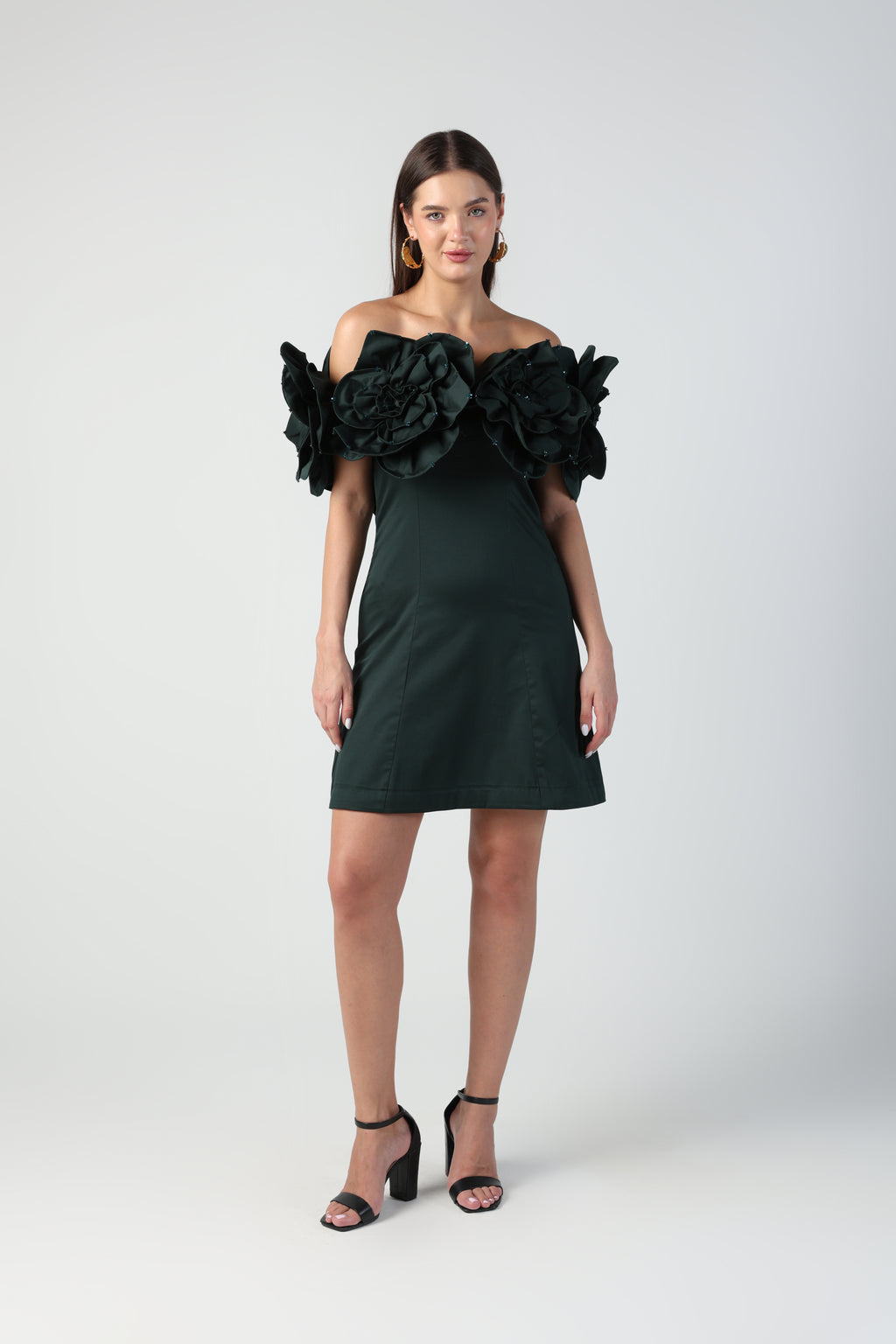 AURORA 3D FLOWER DARK GREEN OFF SHOULDER MINI DRESS