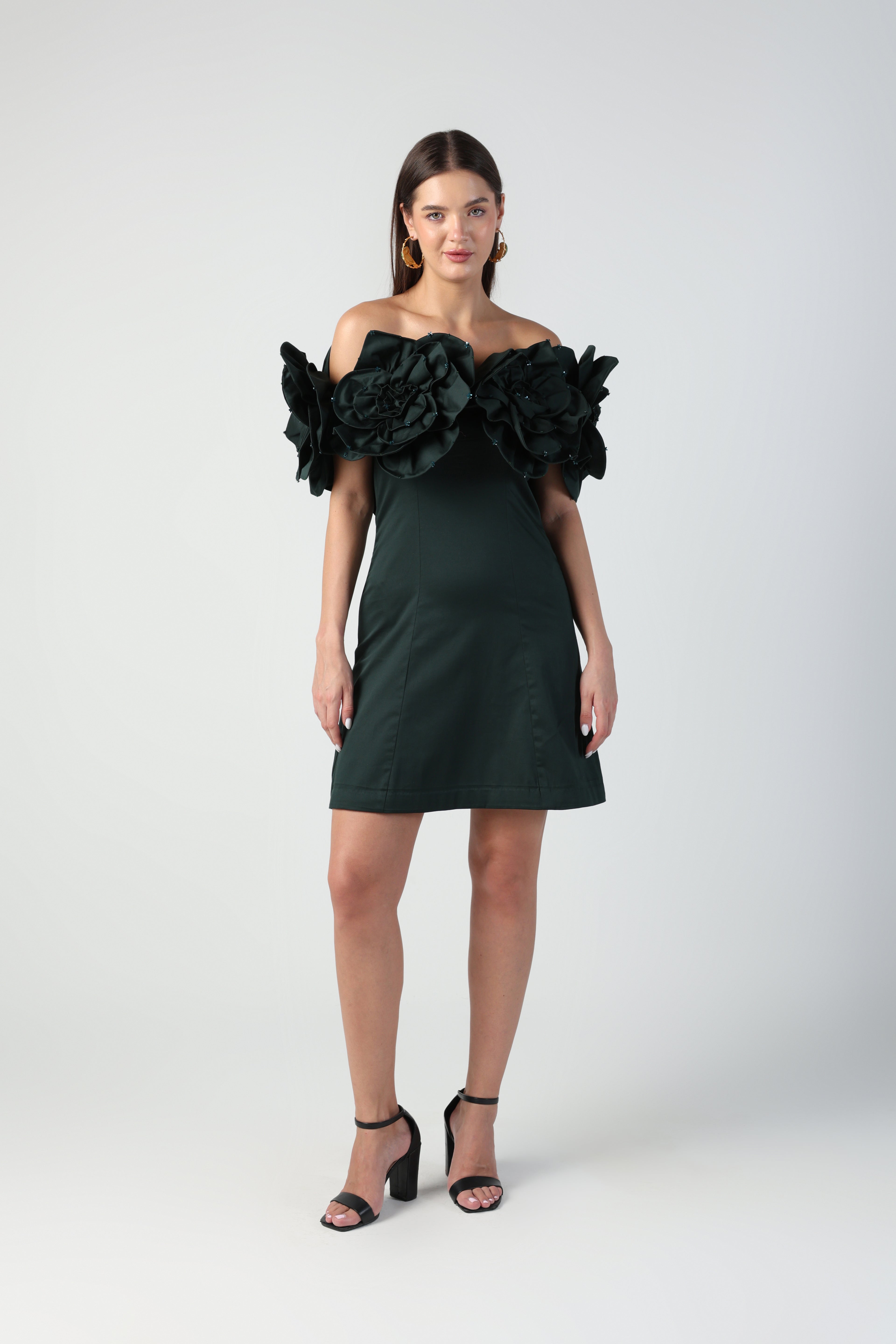 AURORA 3D FLOWER DARK GREEN OFF SHOULDER MINI DRESS