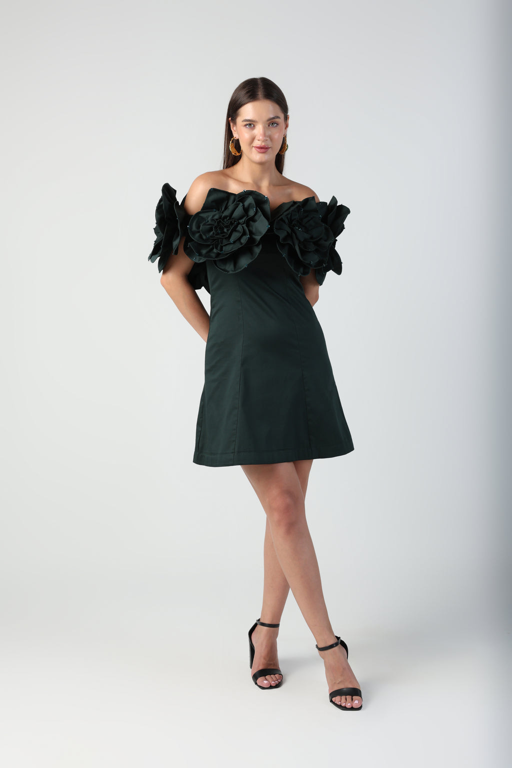 AURORA 3D FLOWER DARK GREEN OFF SHOULDER MINI DRESS