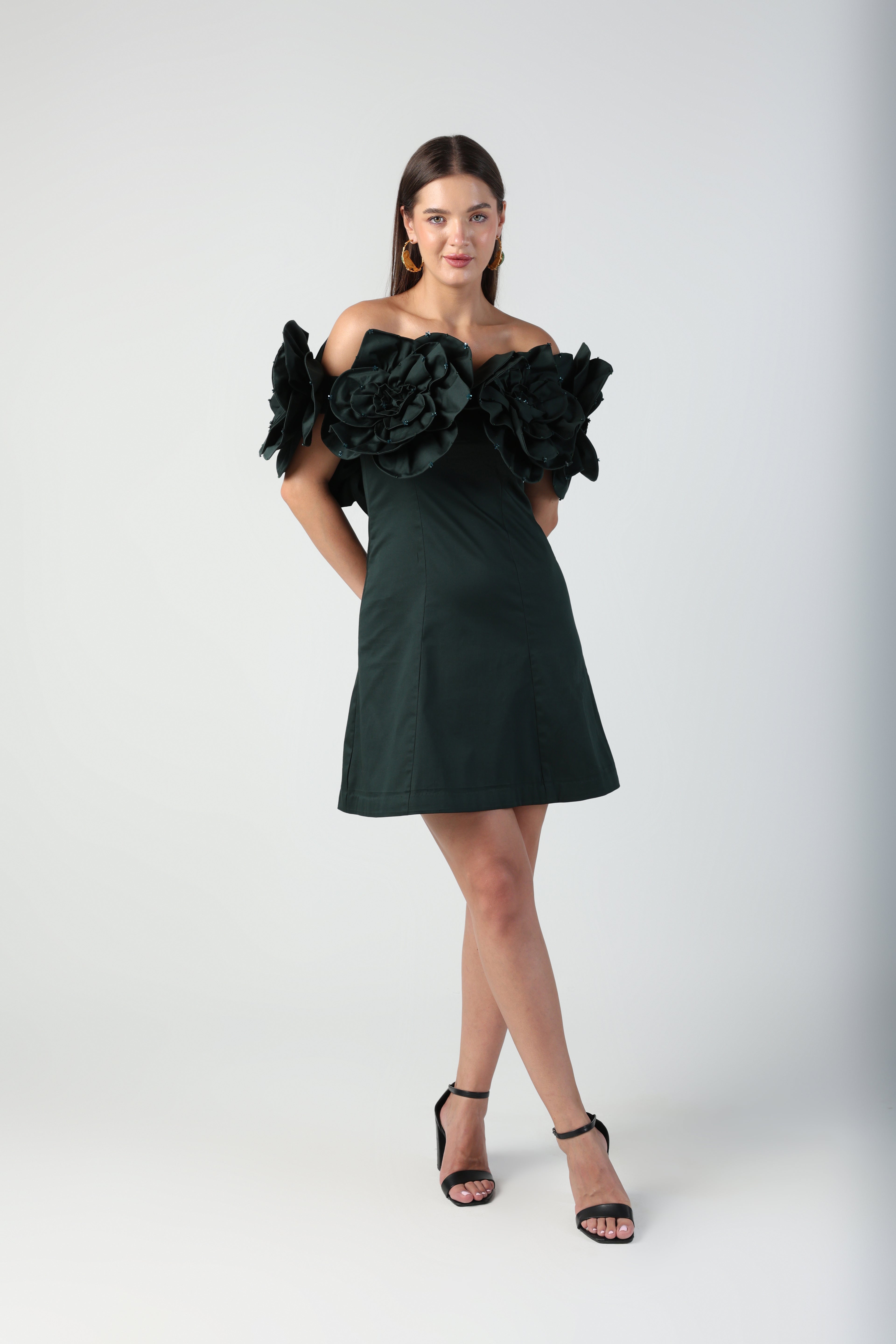 AURORA 3D FLOWER DARK GREEN OFF SHOULDER MINI DRESS