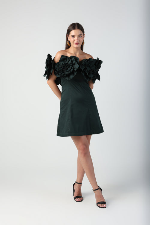 AURORA 3D FLOWER DARK GREEN OFF SHOULDER MINI DRESS