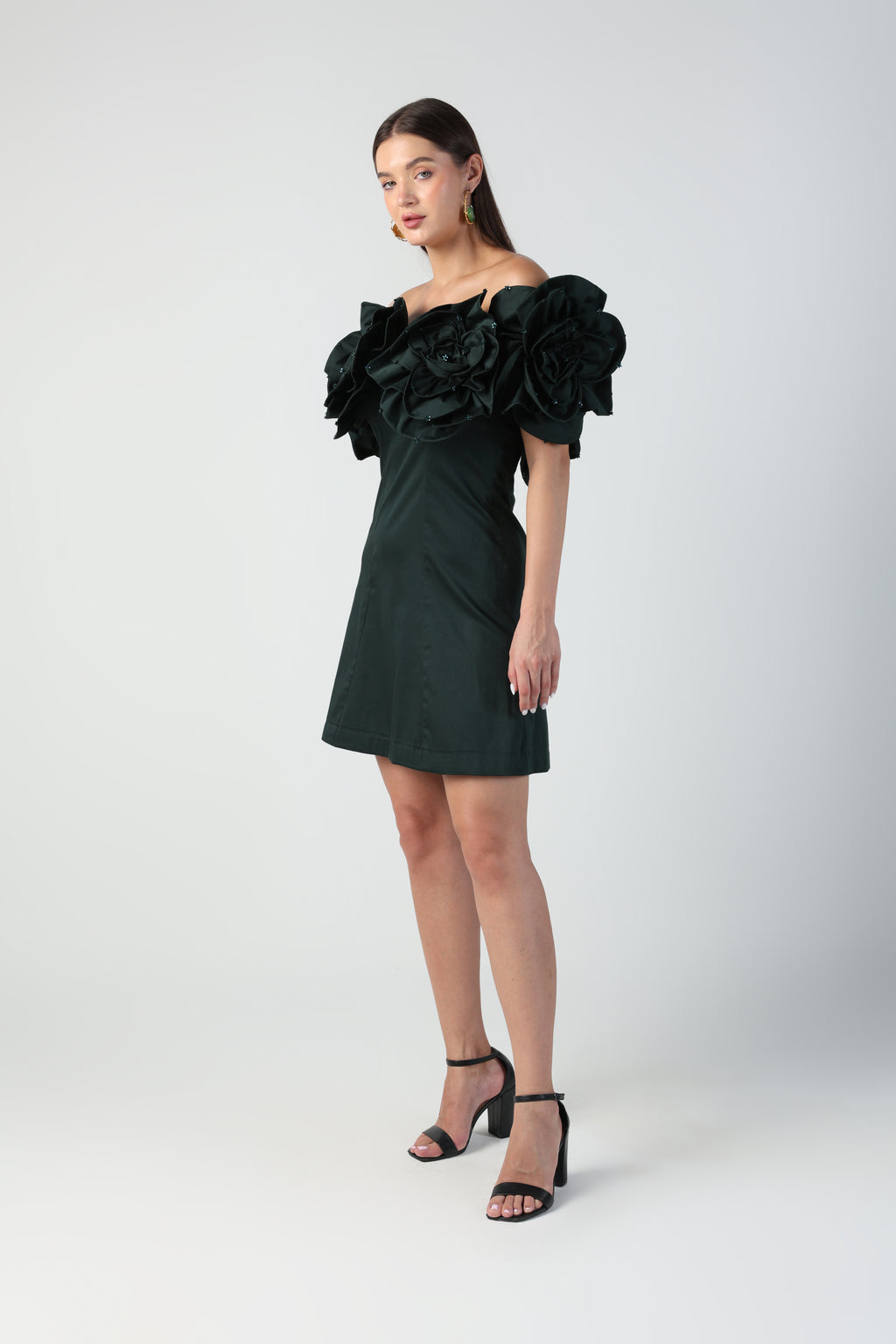 AURORA 3D FLOWER DARK GREEN OFF SHOULDER MINI DRESS