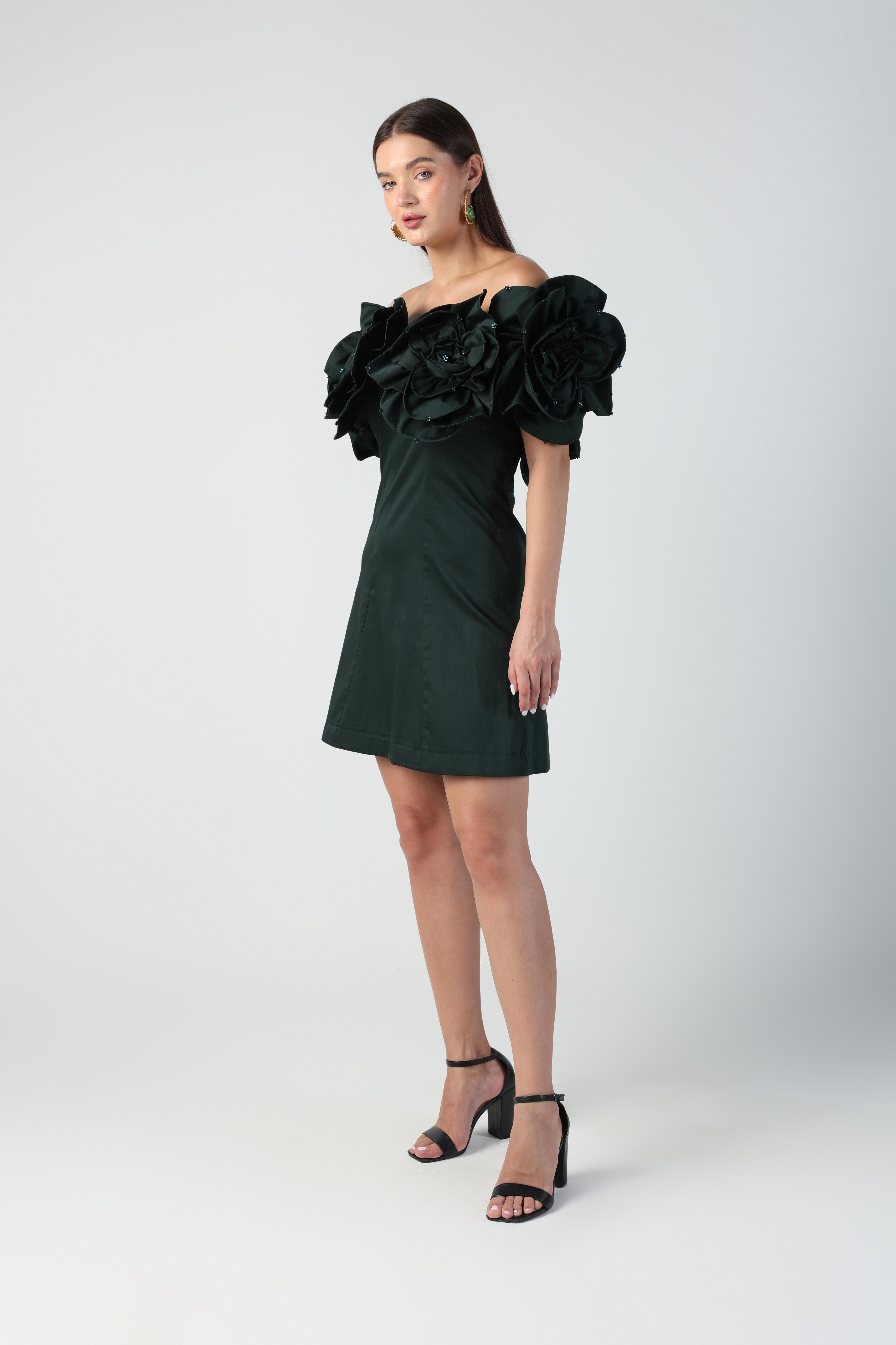 AURORA 3D FLOWER DARK GREEN OFF SHOULDER MINI DRESS