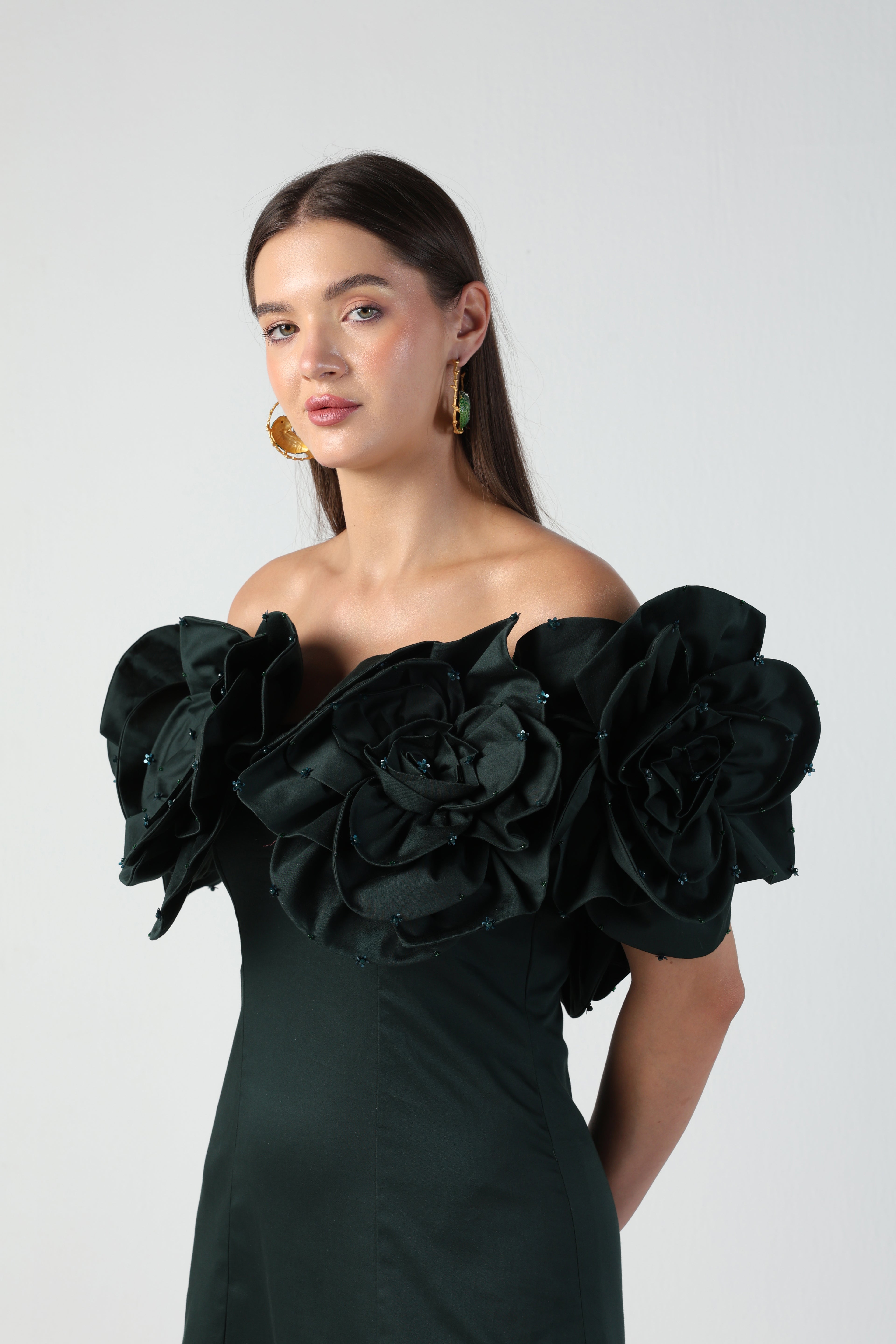 AURORA 3D FLOWER DARK GREEN OFF SHOULDER MINI DRESS