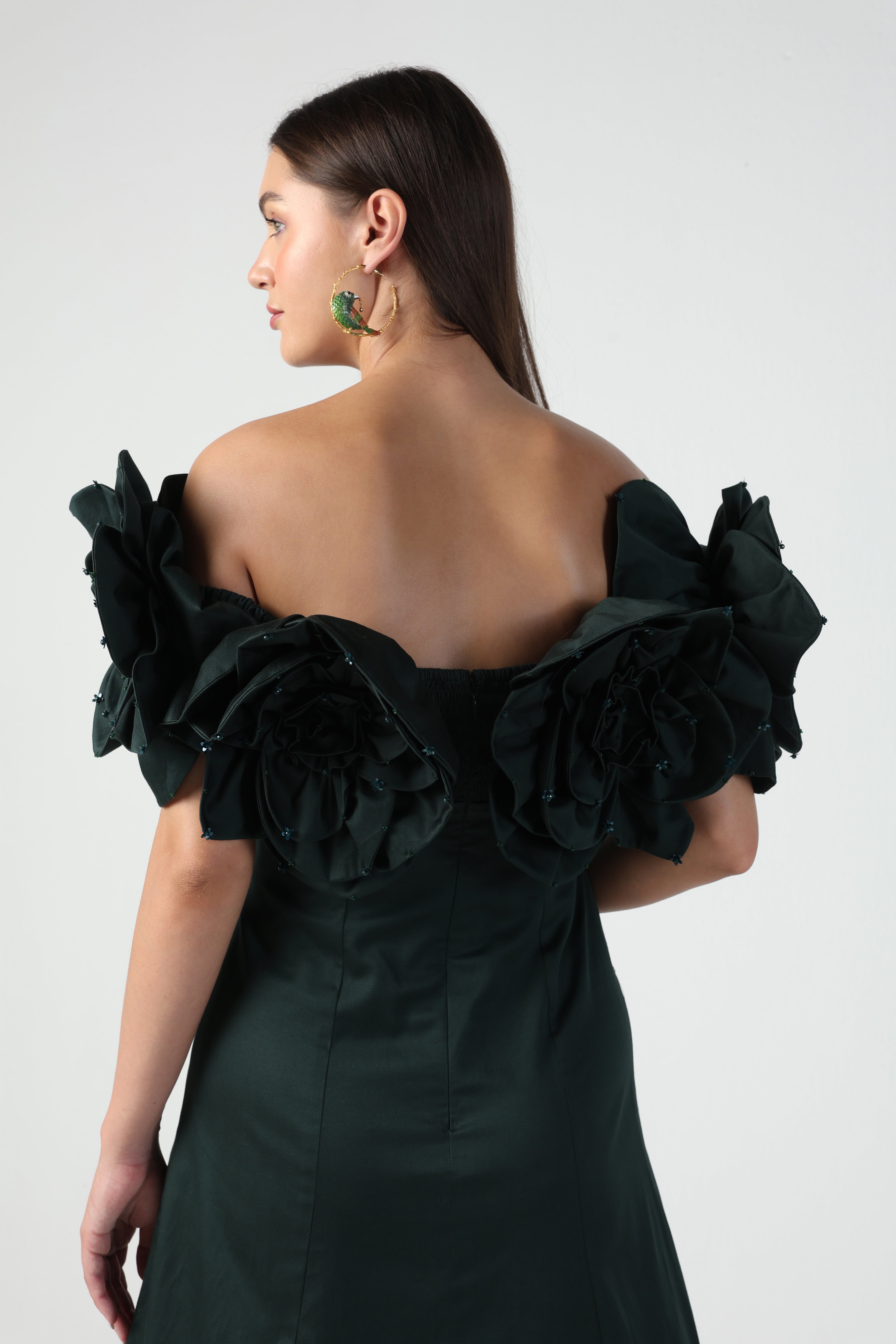 AURORA 3D FLOWER DARK GREEN OFF SHOULDER MINI DRESS