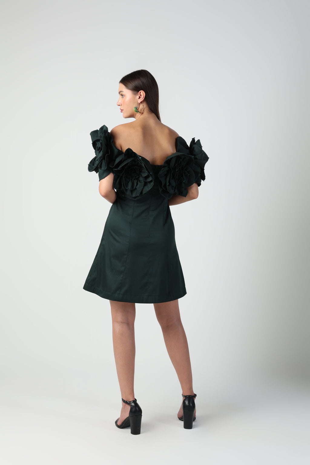 AURORA 3D FLOWER DARK GREEN OFF SHOULDER MINI DRESS