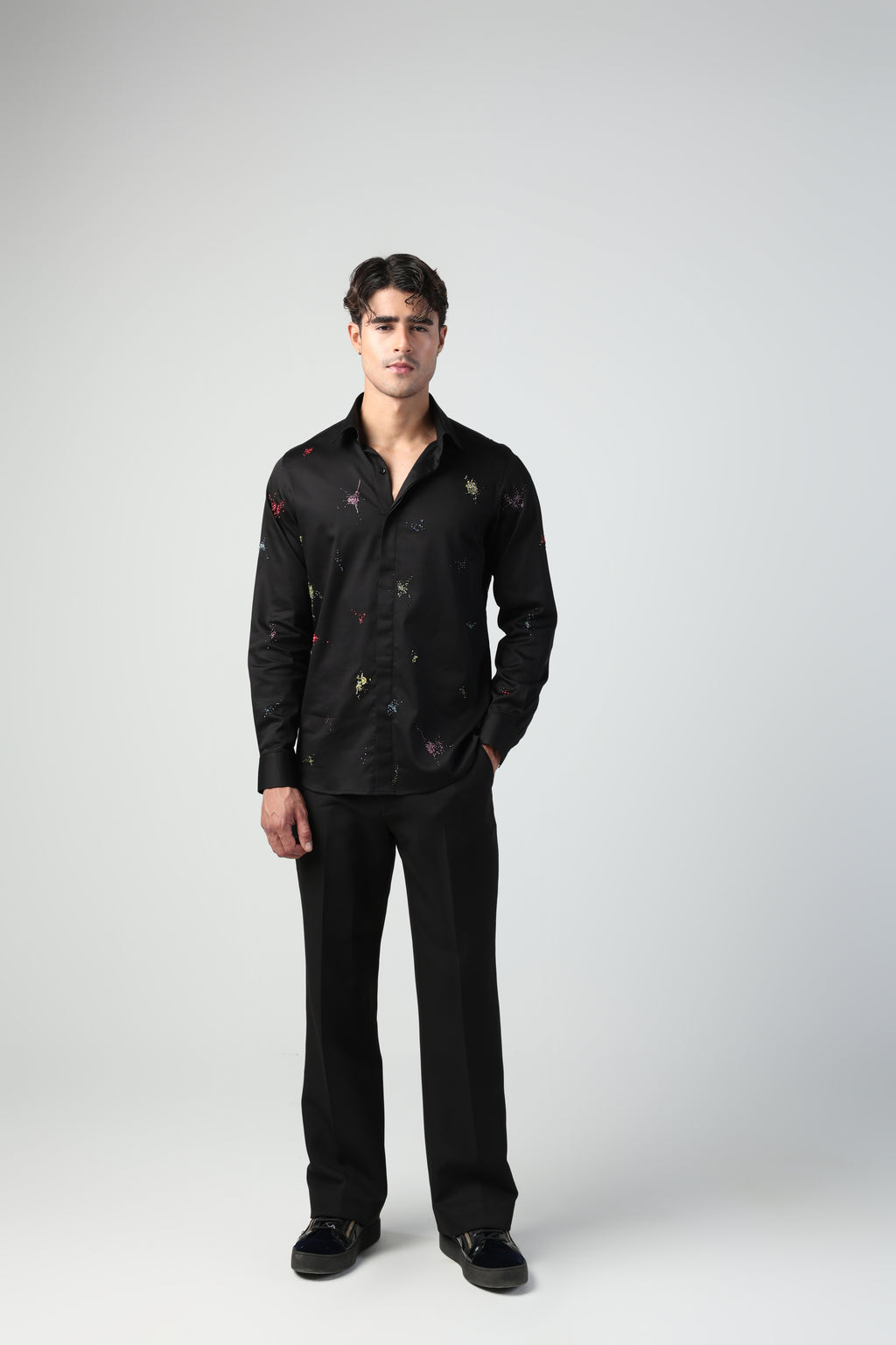 ENRICO BLACK COLORFUL SPLITTER SPLATTER HAND EMBROIDERED SHIRT