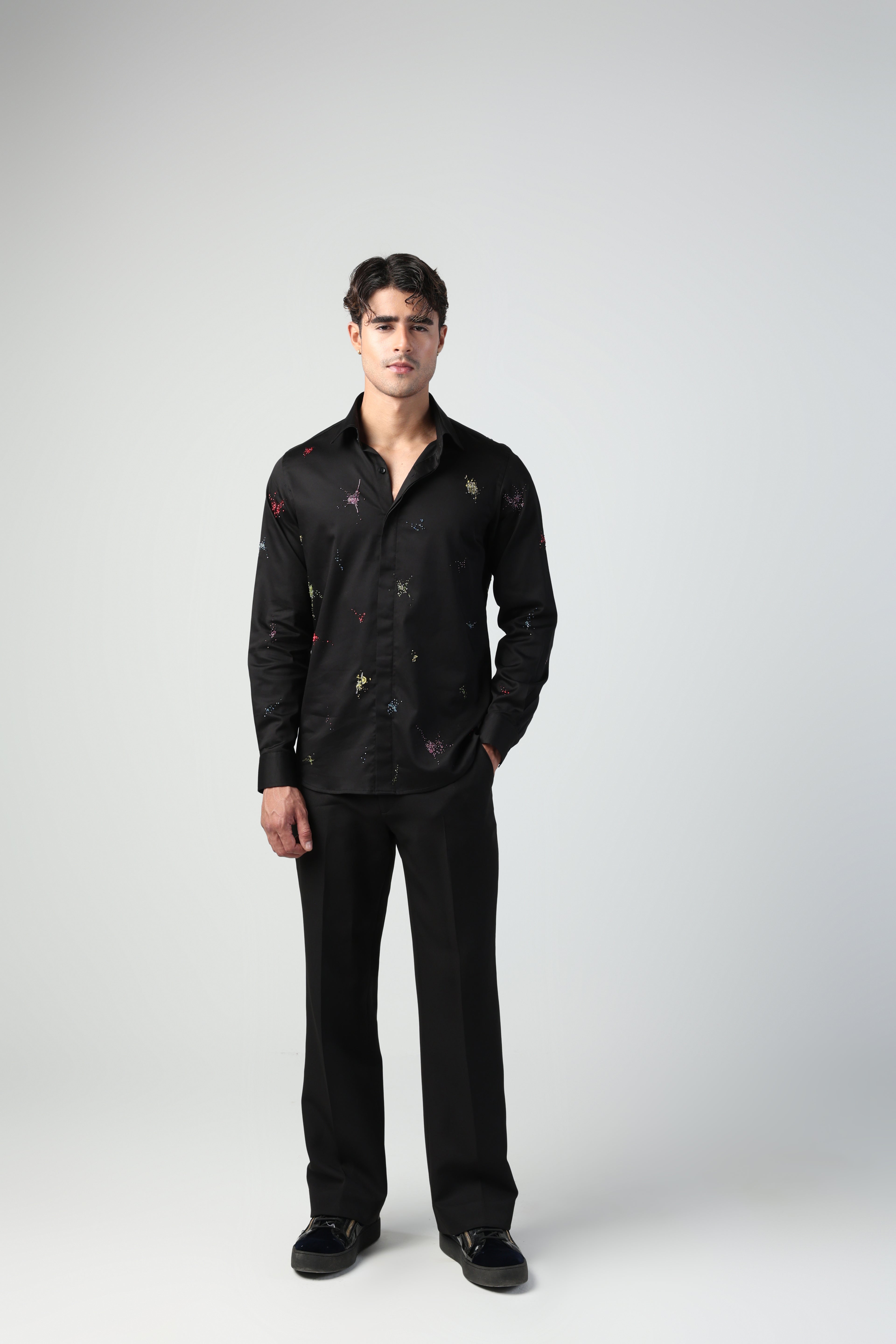 ENRICO BLACK COLORFUL SPLITTER SPLATTER HAND EMBROIDERED SHIRT