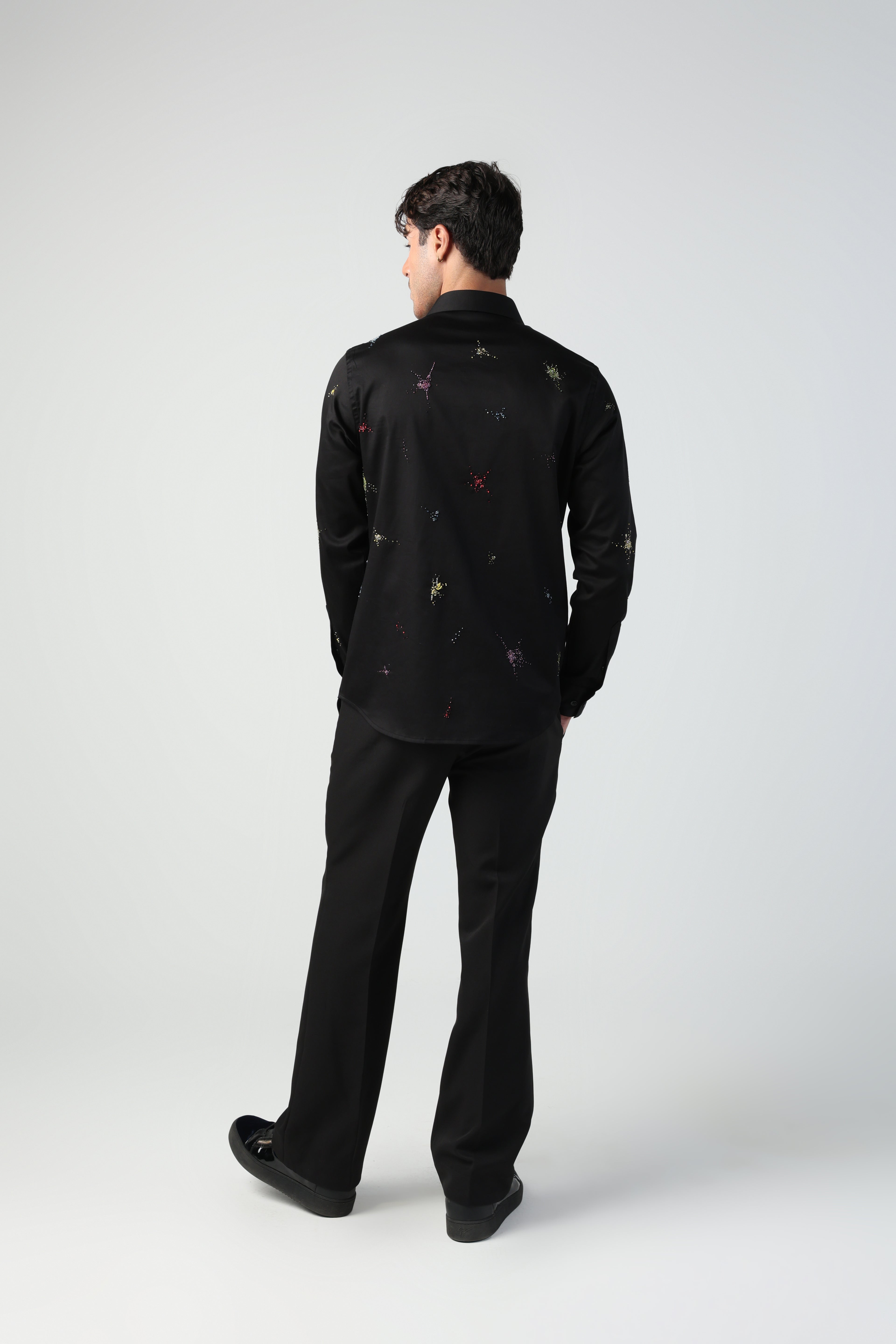 ENRICO BLACK COLORFUL SPLITTER SPLATTER HAND EMBROIDERED SHIRT