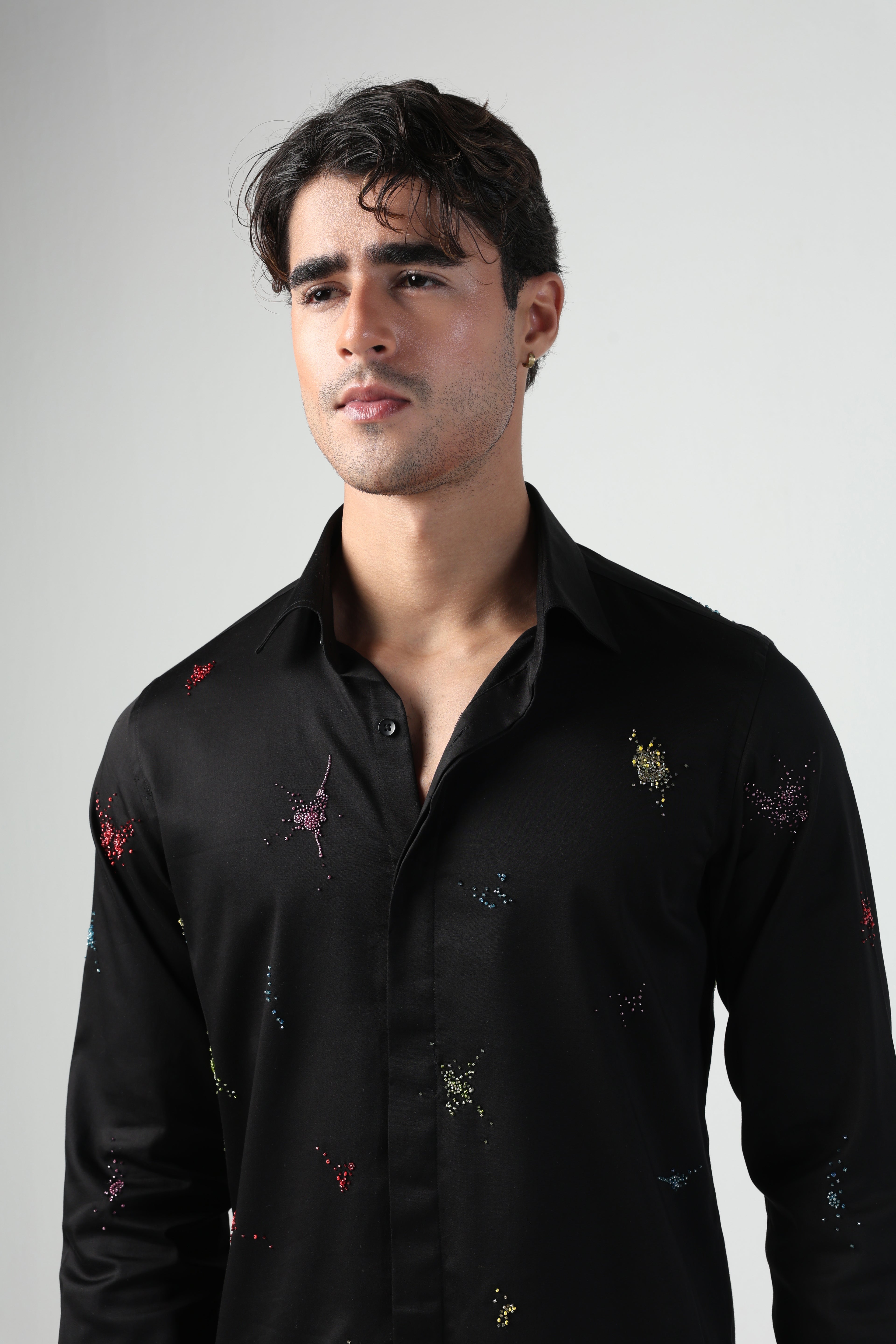 ENRICO BLACK COLORFUL SPLITTER SPLATTER HAND EMBROIDERED SHIRT