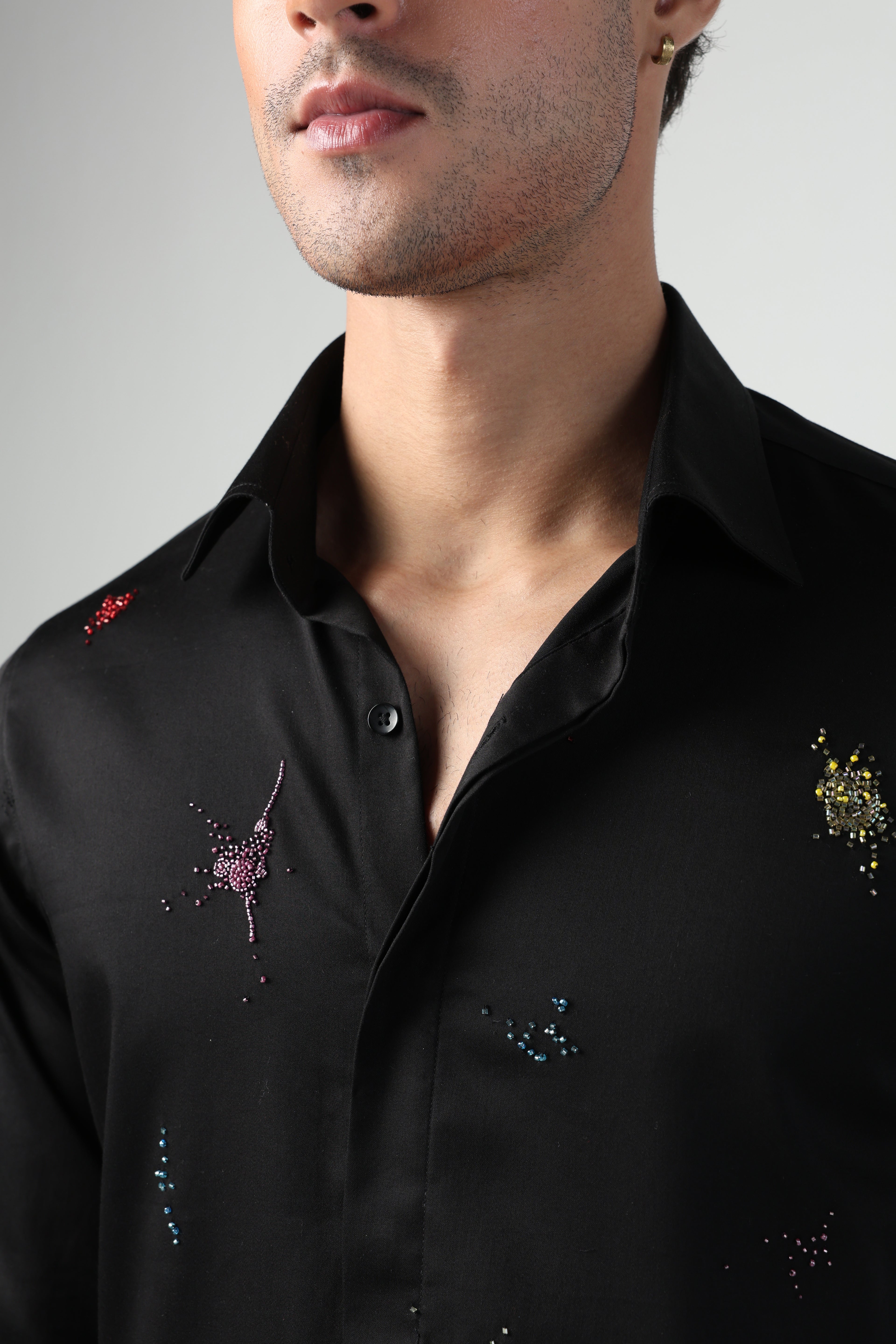 ENRICO BLACK COLORFUL SPLITTER SPLATTER HAND EMBROIDERED SHIRT