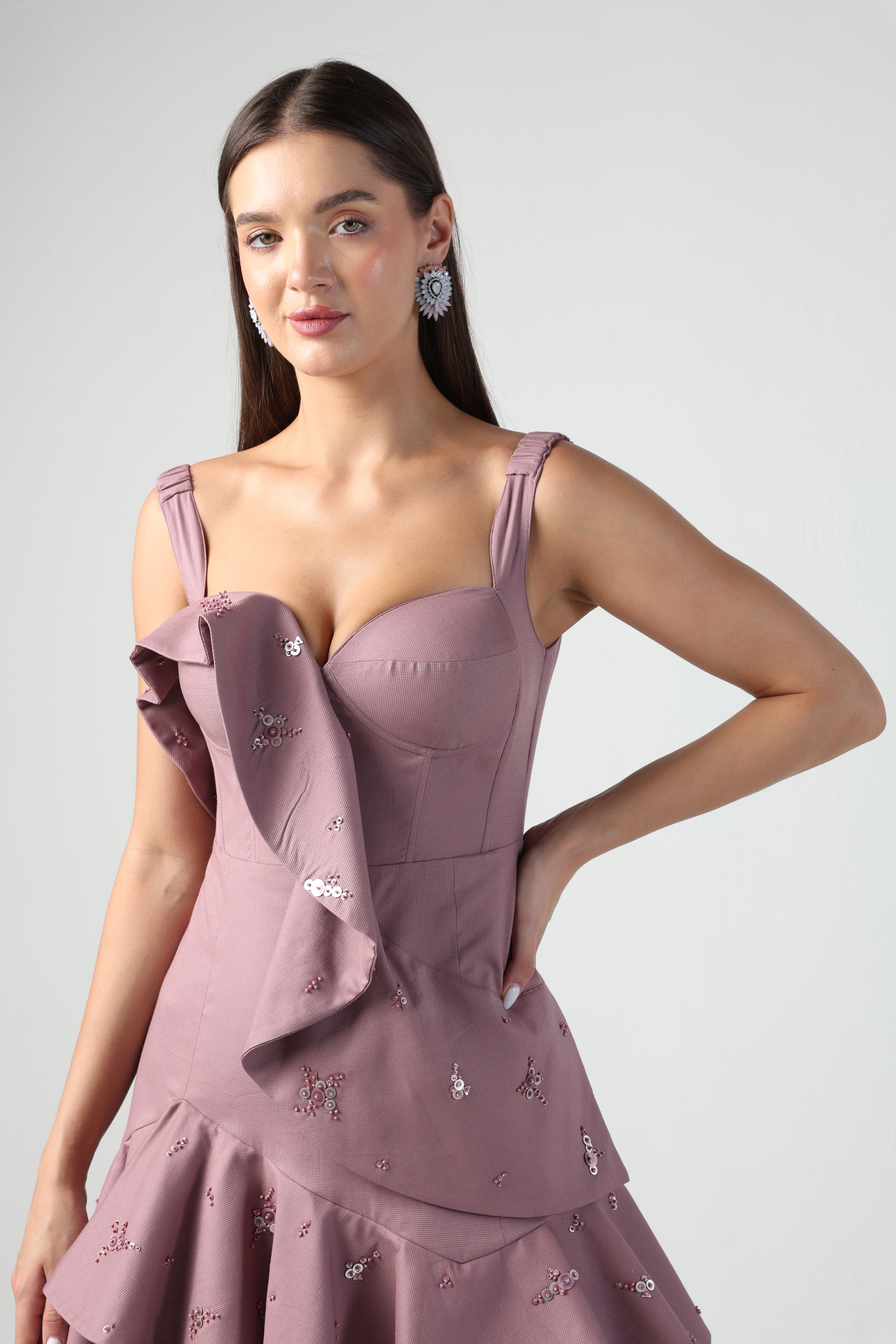 SOFIA LILAC RUFFLE DRAPE CORSET DRESS