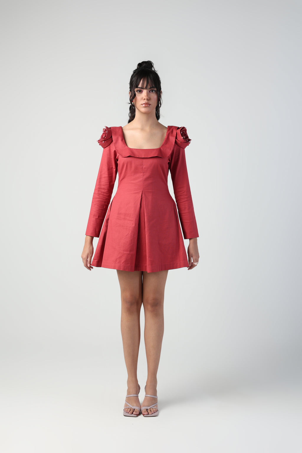 VALENTINA RED 3D ROSETTE SLEEVE FULL SLEEVE MINI DRESS
