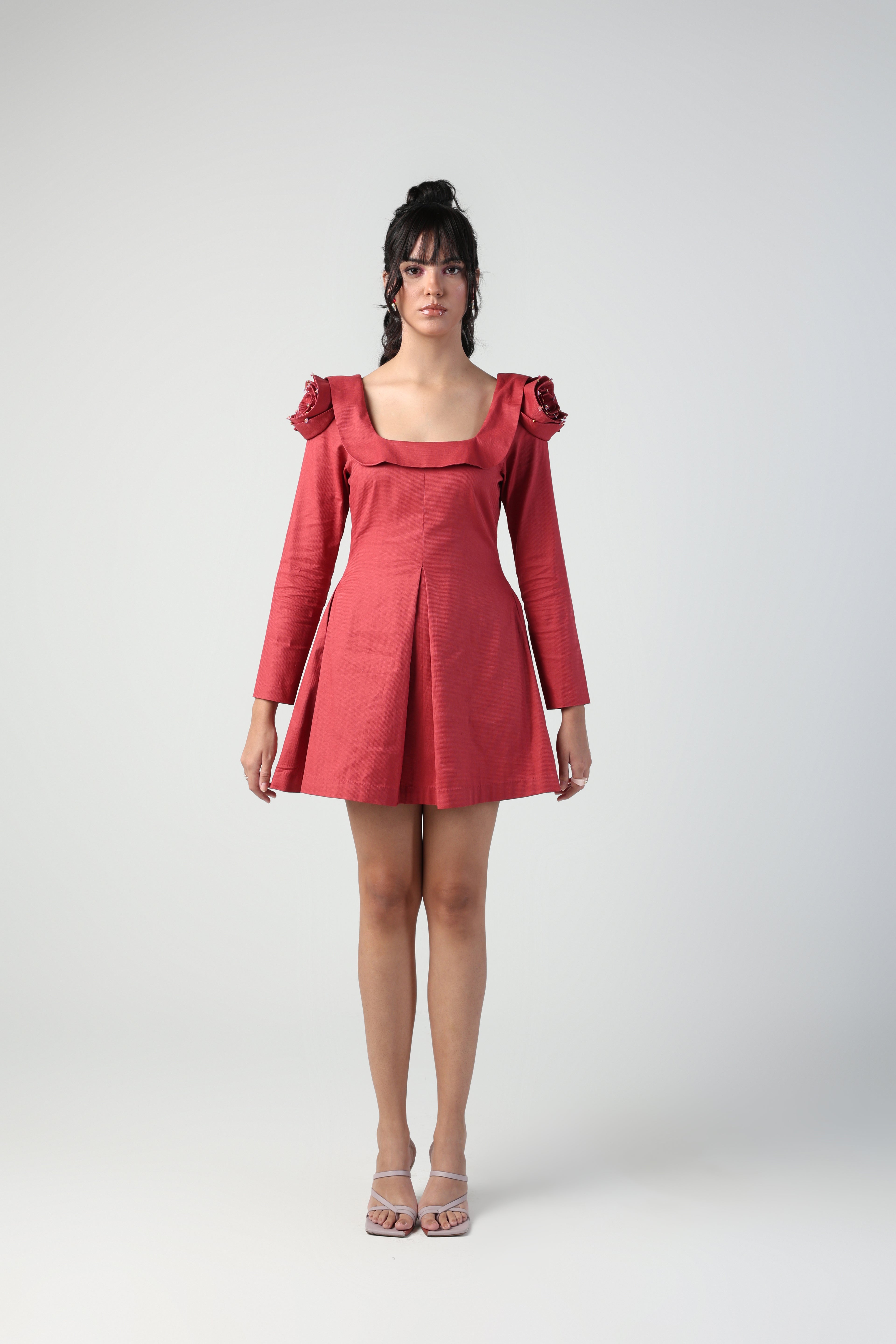 VALENTINA RED 3D ROSETTE SLEEVE FULL SLEEVE MINI DRESS