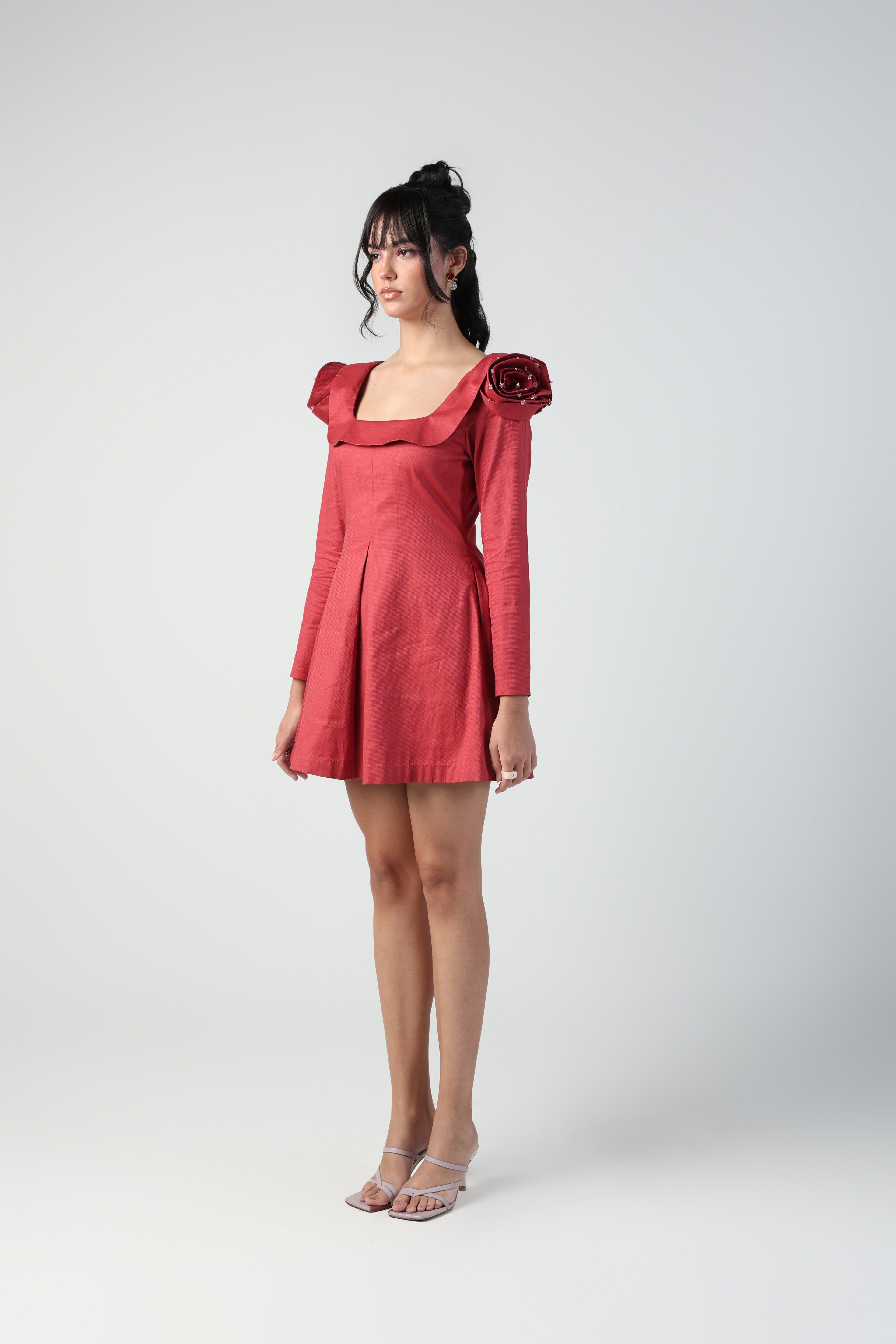 VALENTINA RED 3D ROSETTE SLEEVE FULL SLEEVE MINI DRESS