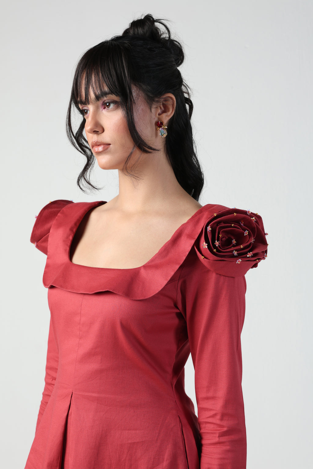 VALENTINA RED 3D ROSETTE SLEEVE FULL SLEEVE MINI DRESS