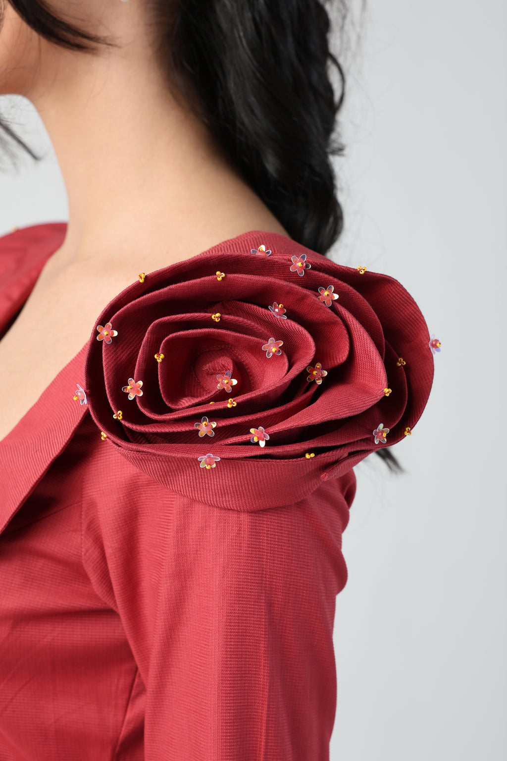 VALENTINA RED 3D ROSETTE SLEEVE FULL SLEEVE MINI DRESS