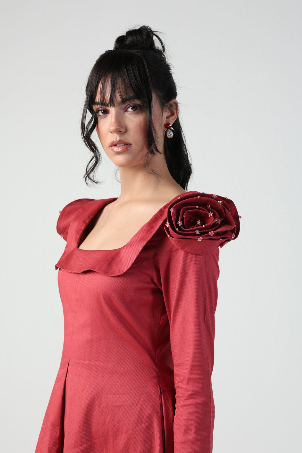 VALENTINA RED 3D ROSETTE SLEEVE FULL SLEEVE MINI DRESS