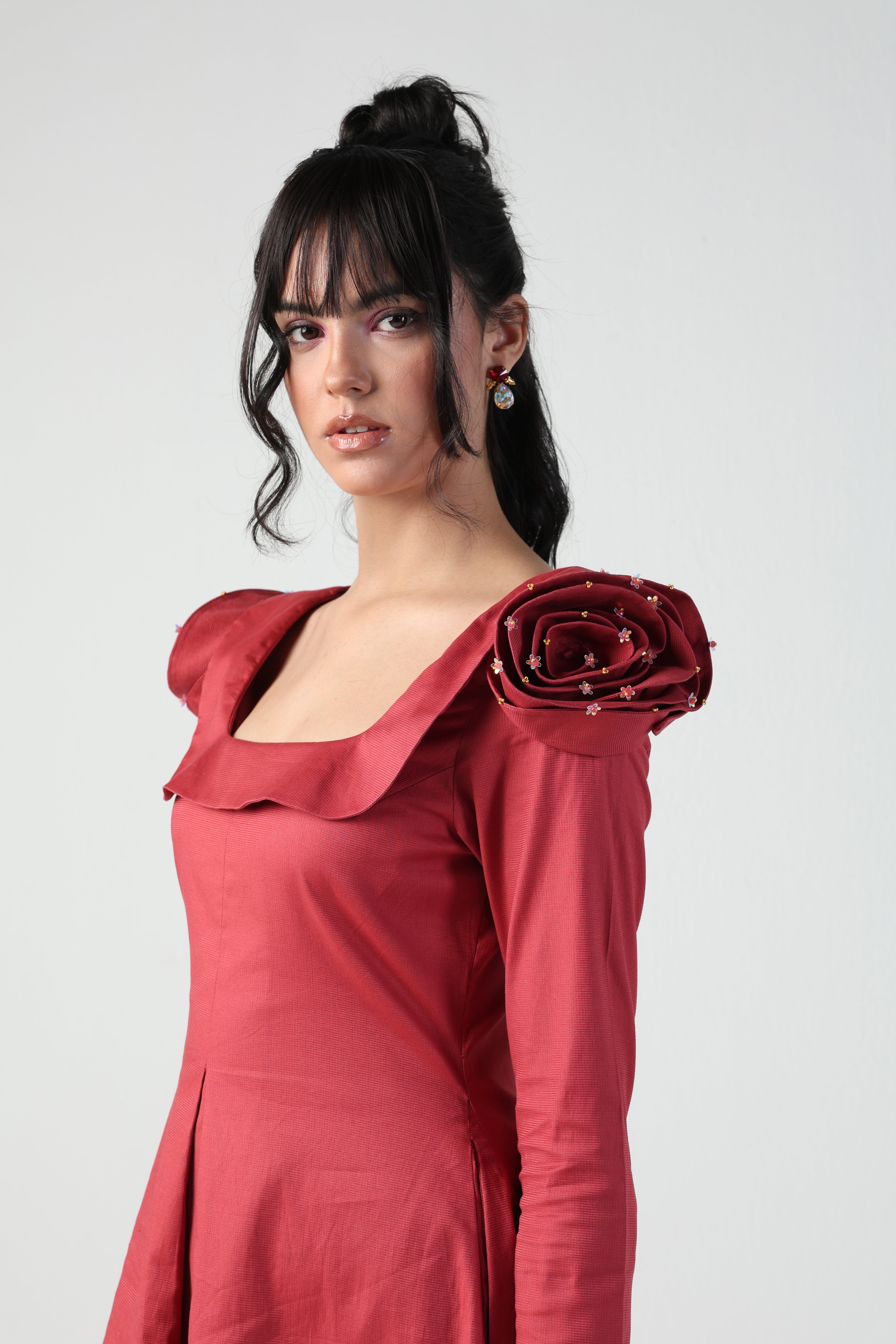 VALENTINA RED 3D ROSETTE SLEEVE FULL SLEEVE MINI DRESS
