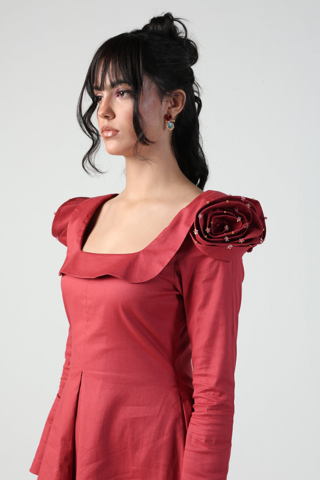 VALENTINA RED 3D ROSETTE SLEEVE FULL SLEEVE MINI DRESS